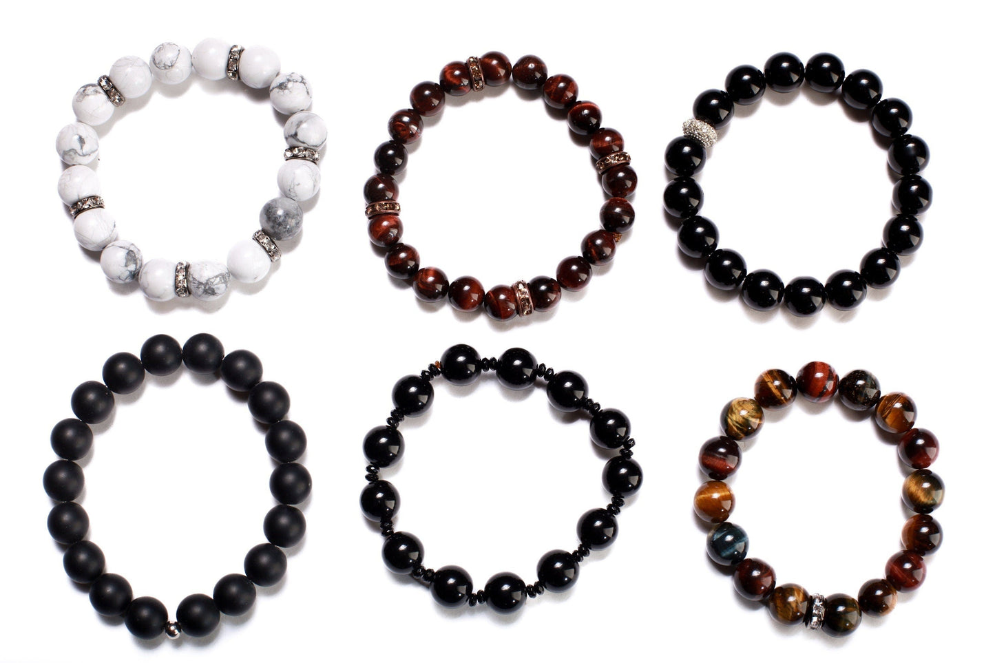 Black Onyx 12mm with Rhinestone spacer, Natural Gemstone, Healing, Yoga, Crystal Chakra Stretch Bracelet 8"