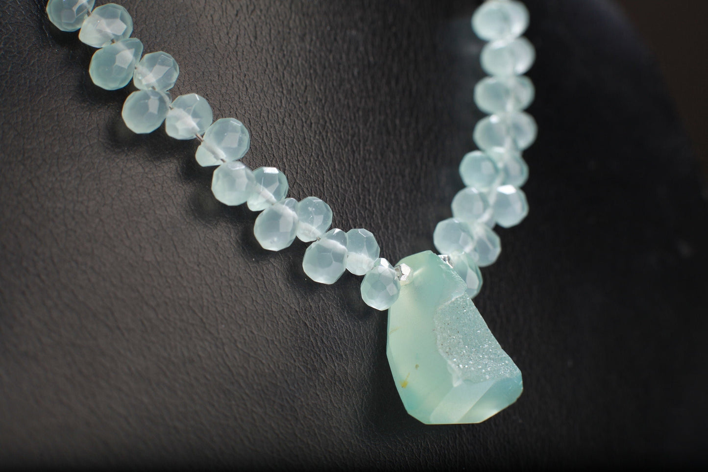 Natural Chalcedony Briolette Faceted Drop Accent with Stunning Chalcedony Raw Druzy Geode Pendant, 17" Rhodium Necklace 2" Extension Chain