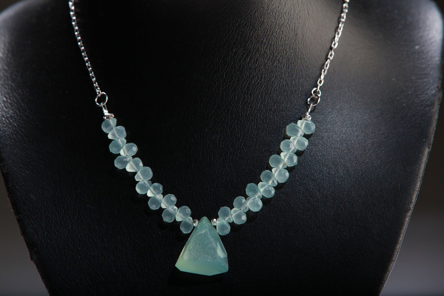 Natural Chalcedony Briolette Faceted Drop Accent with Stunning Chalcedony Raw Druzy Geode Pendant, 17" Rhodium Necklace 2" Extension Chain