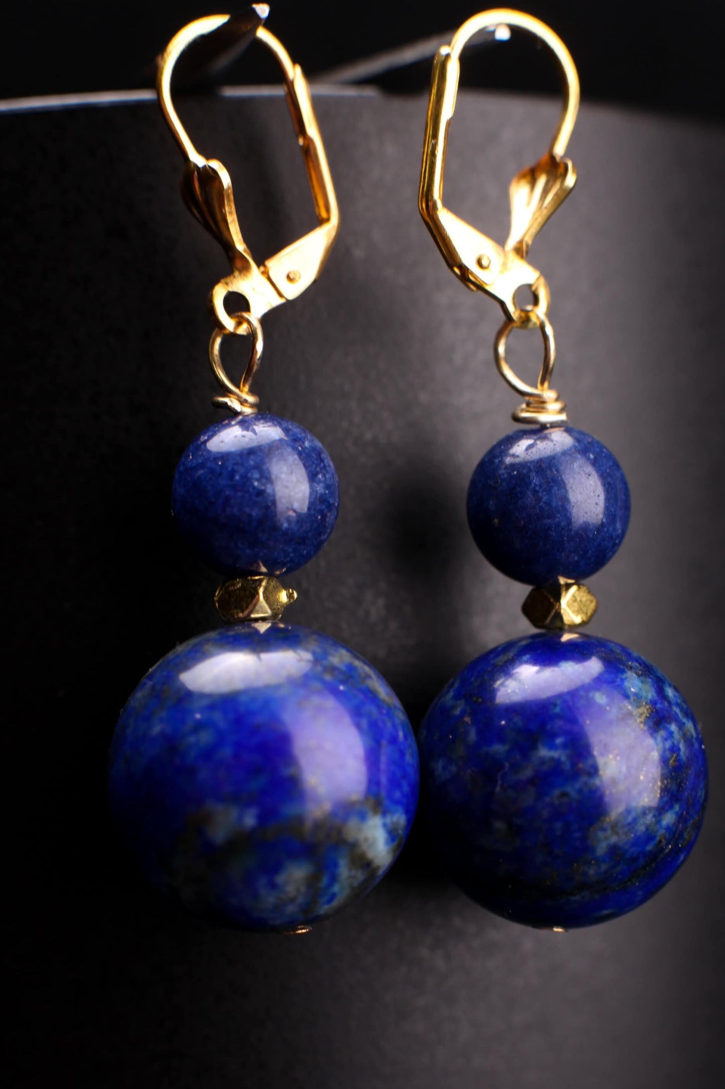 Lapis Lazuli Smooth Round 16mm Wire Wrapped with Bali Gold Faceted Spacer Silver, Gold Leverback Earrings