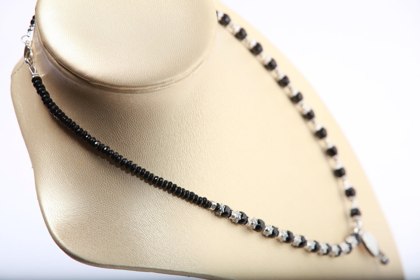 Pearl Necklace Black Onyx Faceted Gemstone Round and Roundel with 13x15mm Freshwater Pearl Centerpiece Teardrop Focal Statement Necklace