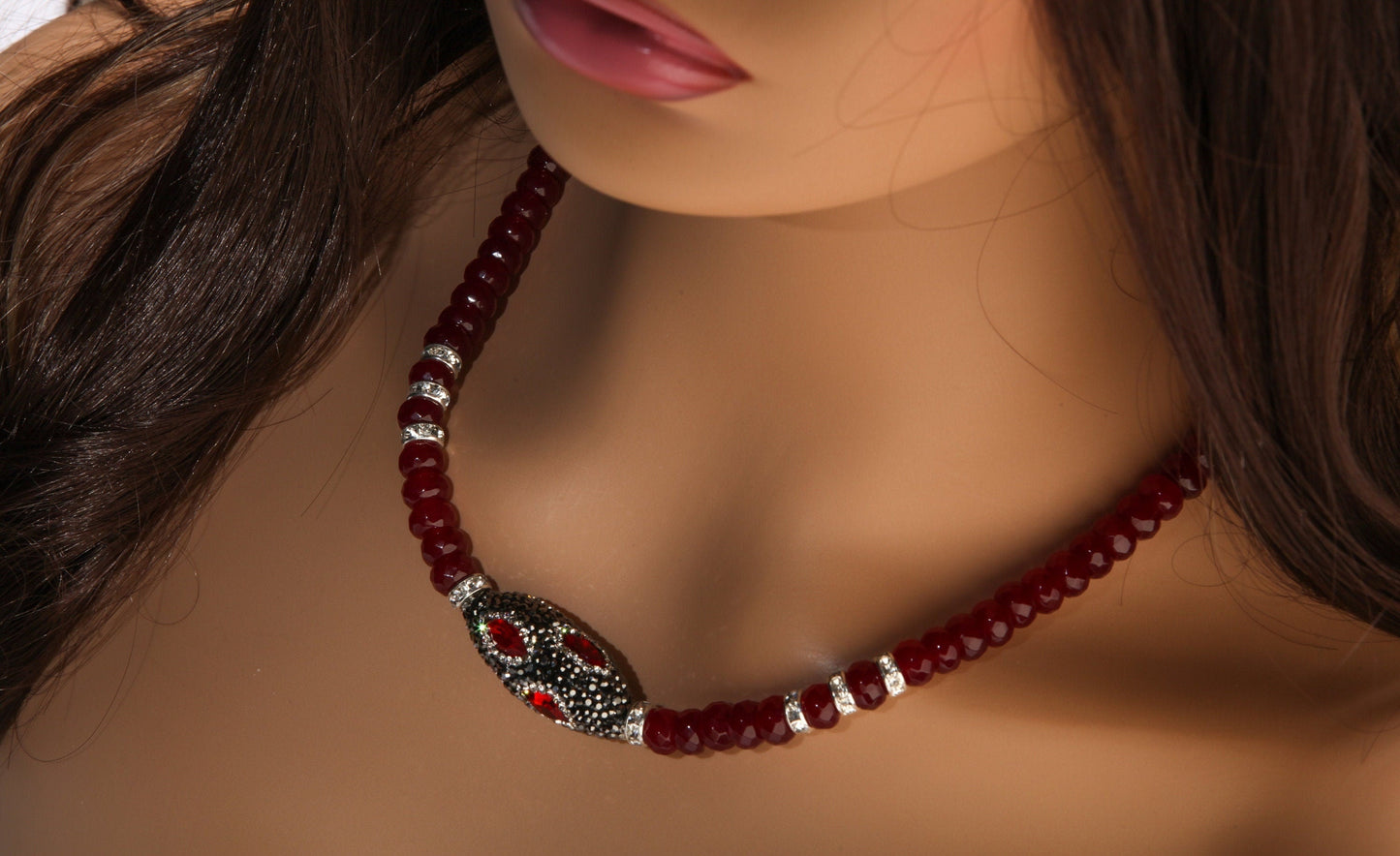 Ruby Jade Faceted Roundel with Rhinestone Oval Crystal Pendant 17.75" Necklace with 2" Extension Chain
