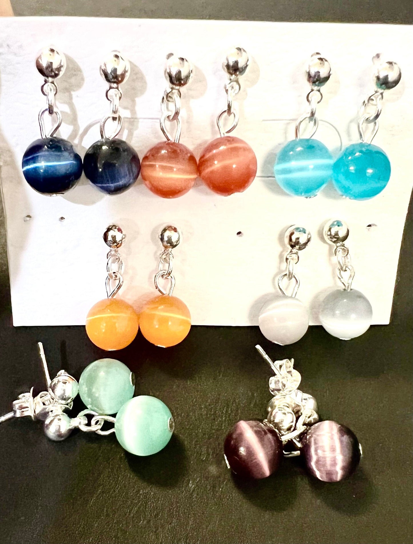 Cat's Eye Ball Post Dangling Earring 8mm Round, Earring Gift Dark Blue, Green, Aqua Blue, Blue , Grey