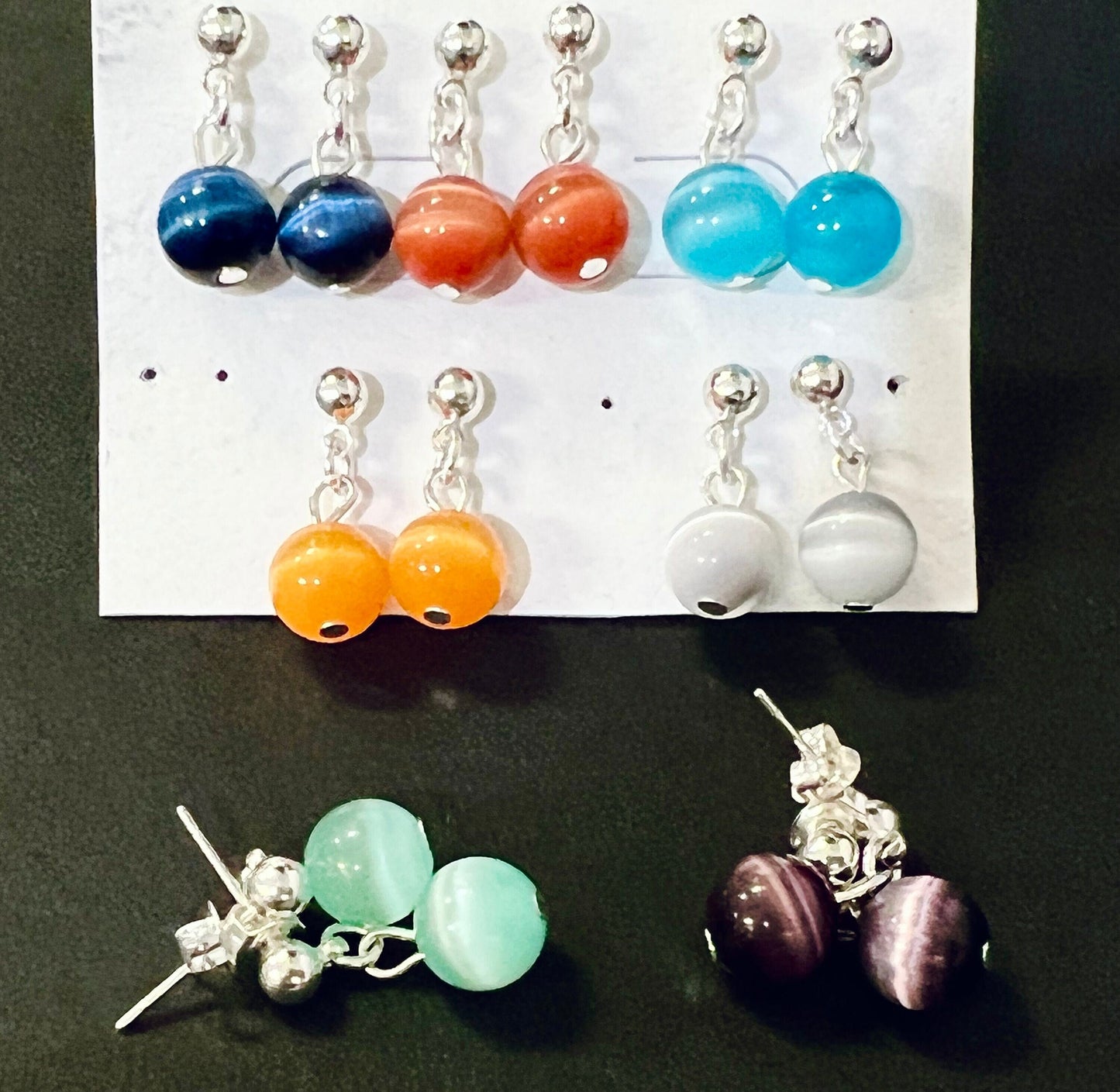Cat's Eye Ball Post Dangling Earring 8mm Round, Earring Gift Dark Blue, Green, Aqua Blue, Blue , Grey