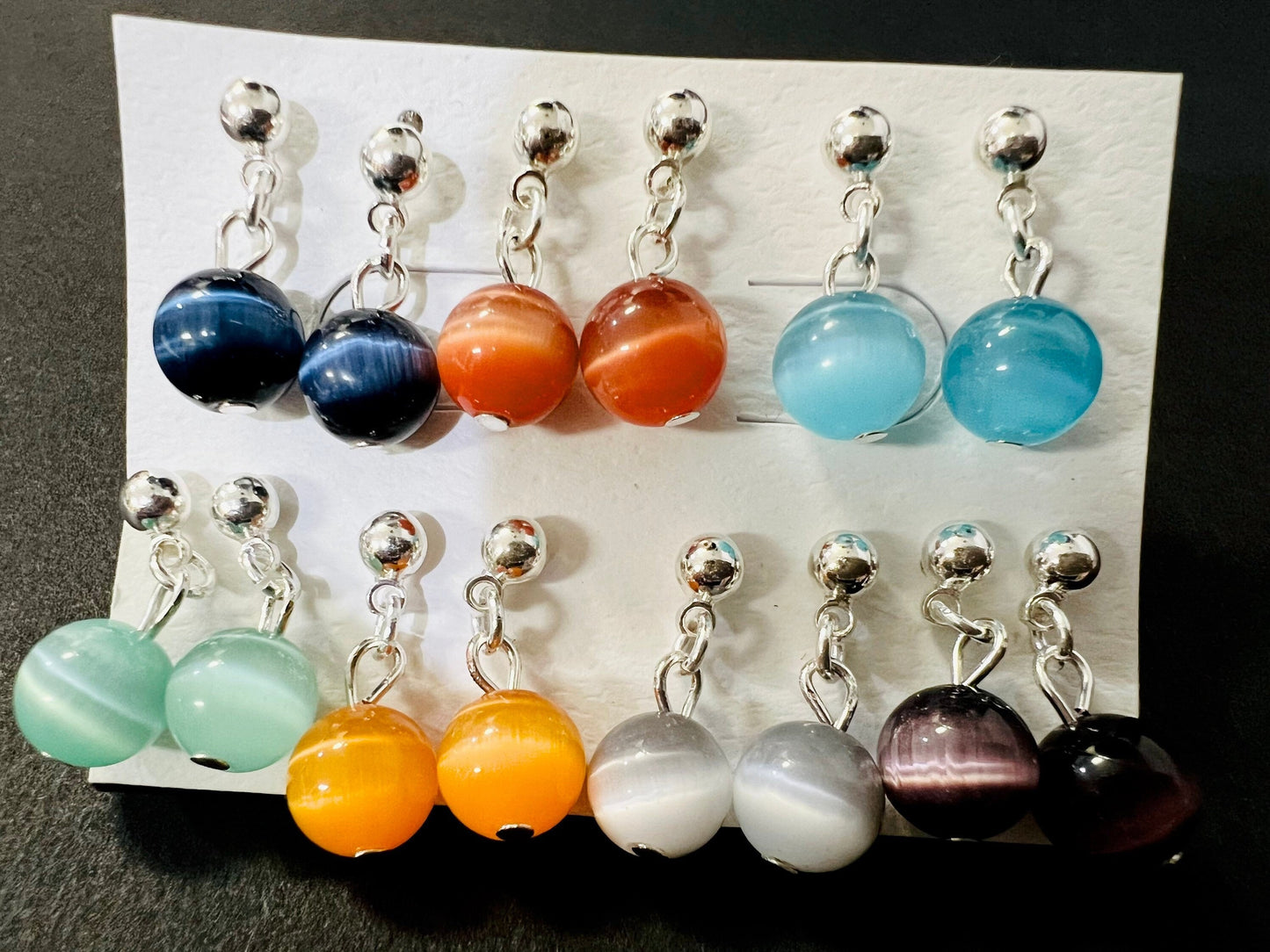 Cat's Eye Ball Post Dangling Earring 8mm Round, Earring Gift Dark Blue, Green, Aqua Blue, Blue , Grey