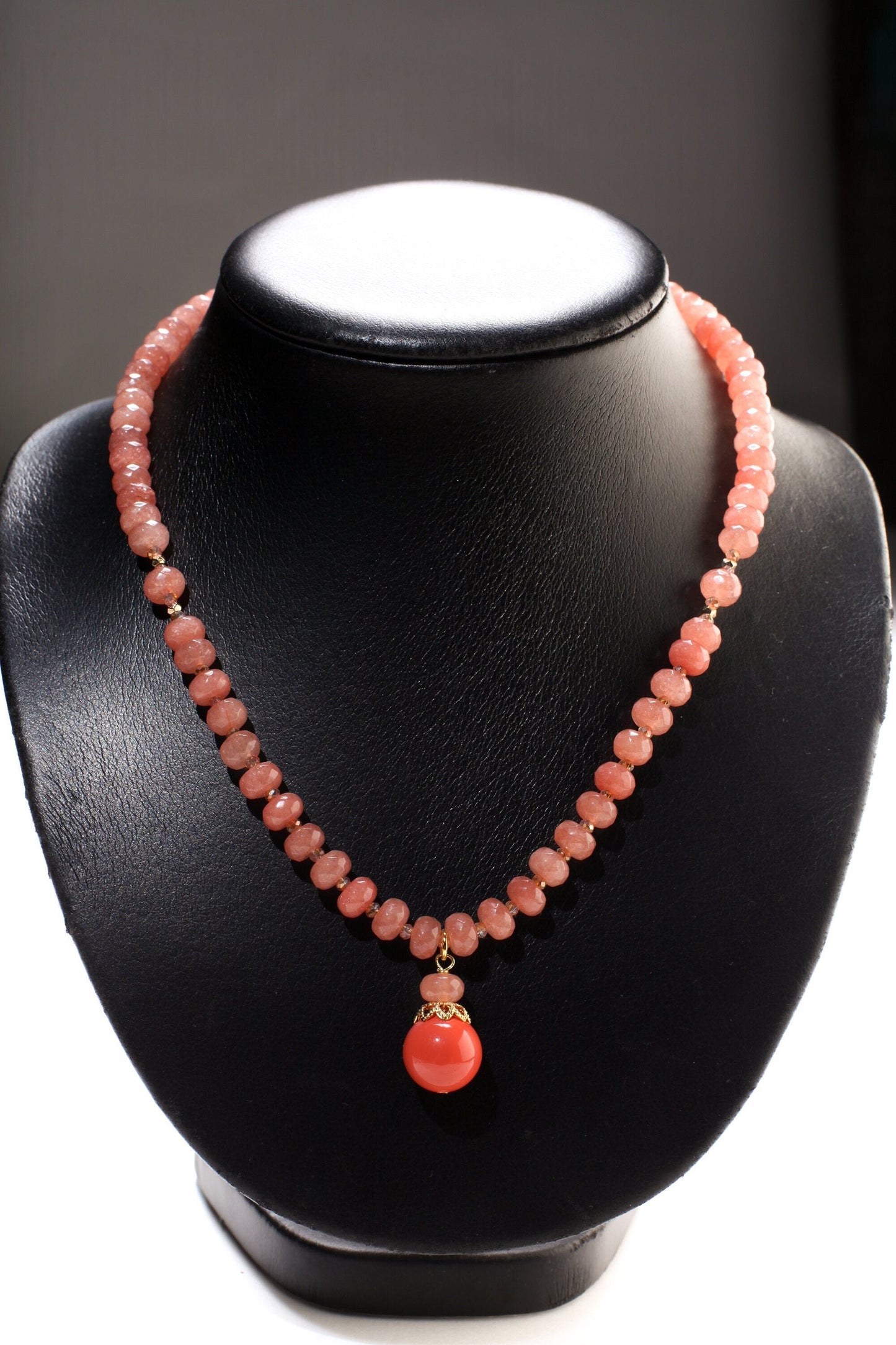 Peach Aventurine Faceted Rondelle Necklace with Salmon South Sea Seashell Pearl Pendant 17.5" Gold Necklace +2" Extension Chain