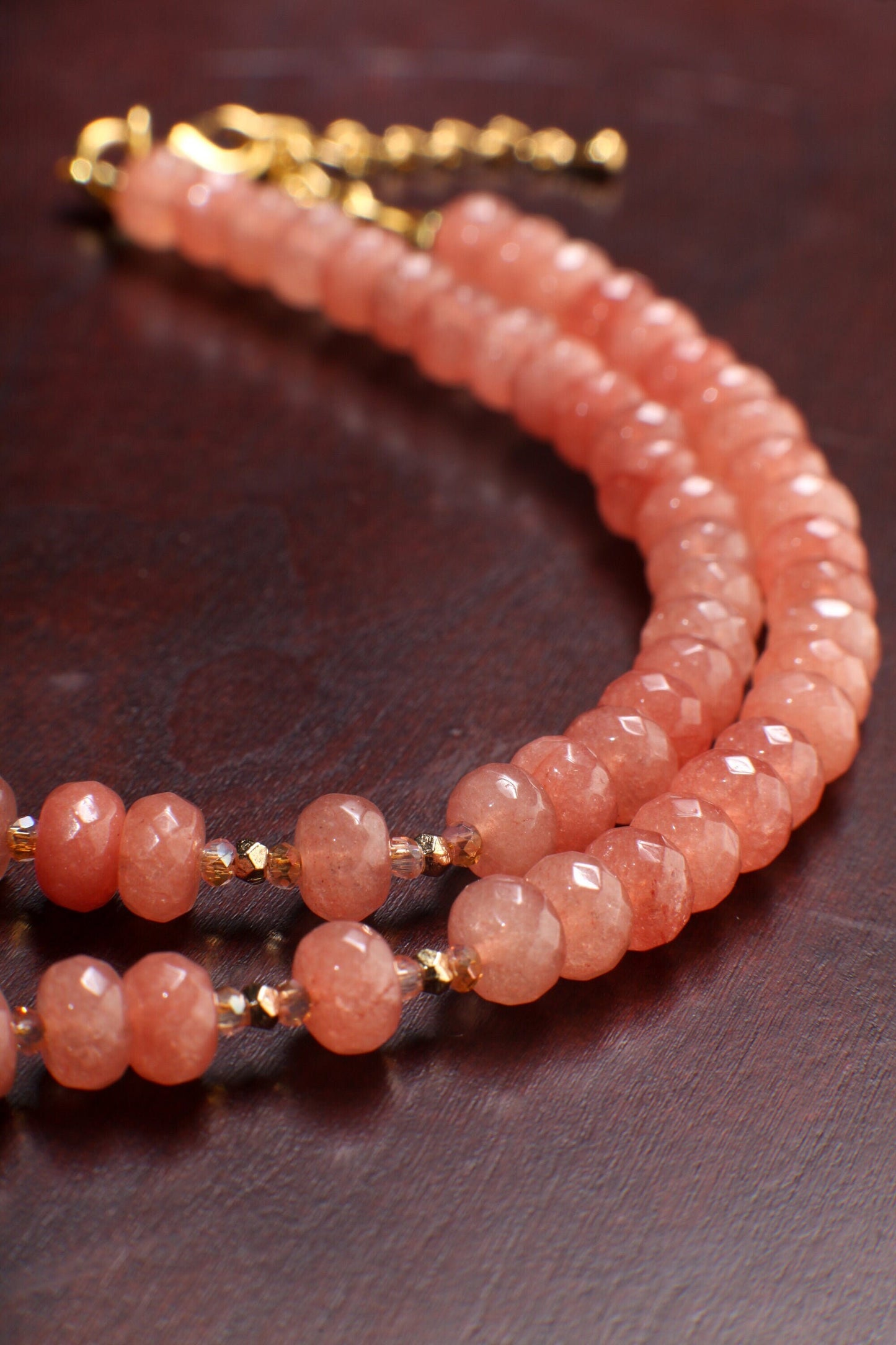 Peach Aventurine Faceted Rondelle Necklace with Salmon South Sea Seashell Pearl Pendant 17.5" Gold Necklace +2" Extension Chain