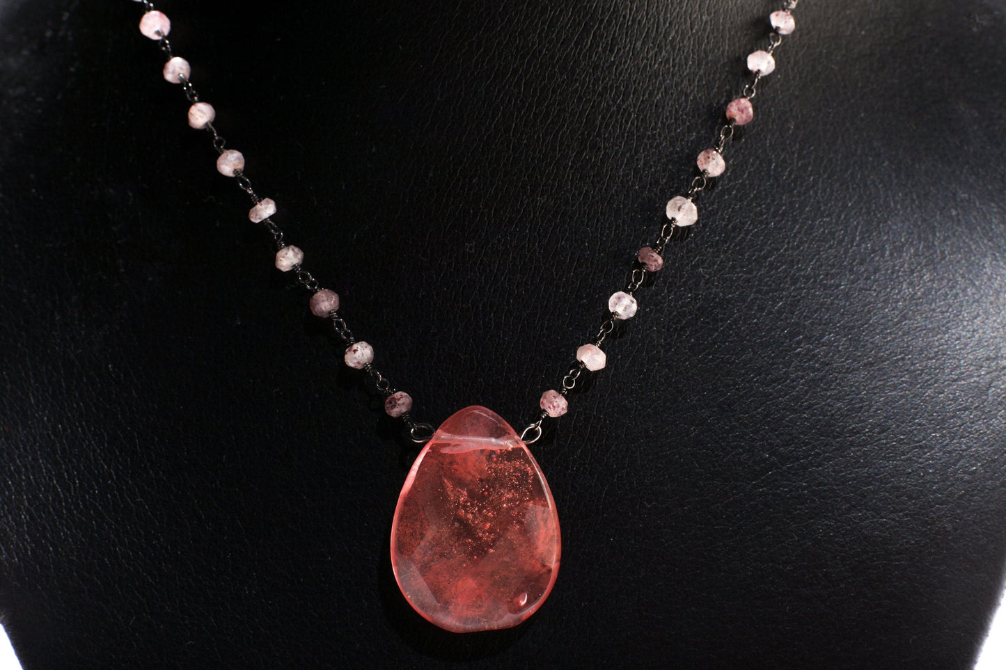 Strawberry Quartz Faceted Pear Drop Pendant in Strawberry Quartz Wire Wrapped Rosary Chain Necklace plus 3" Extension. Gift