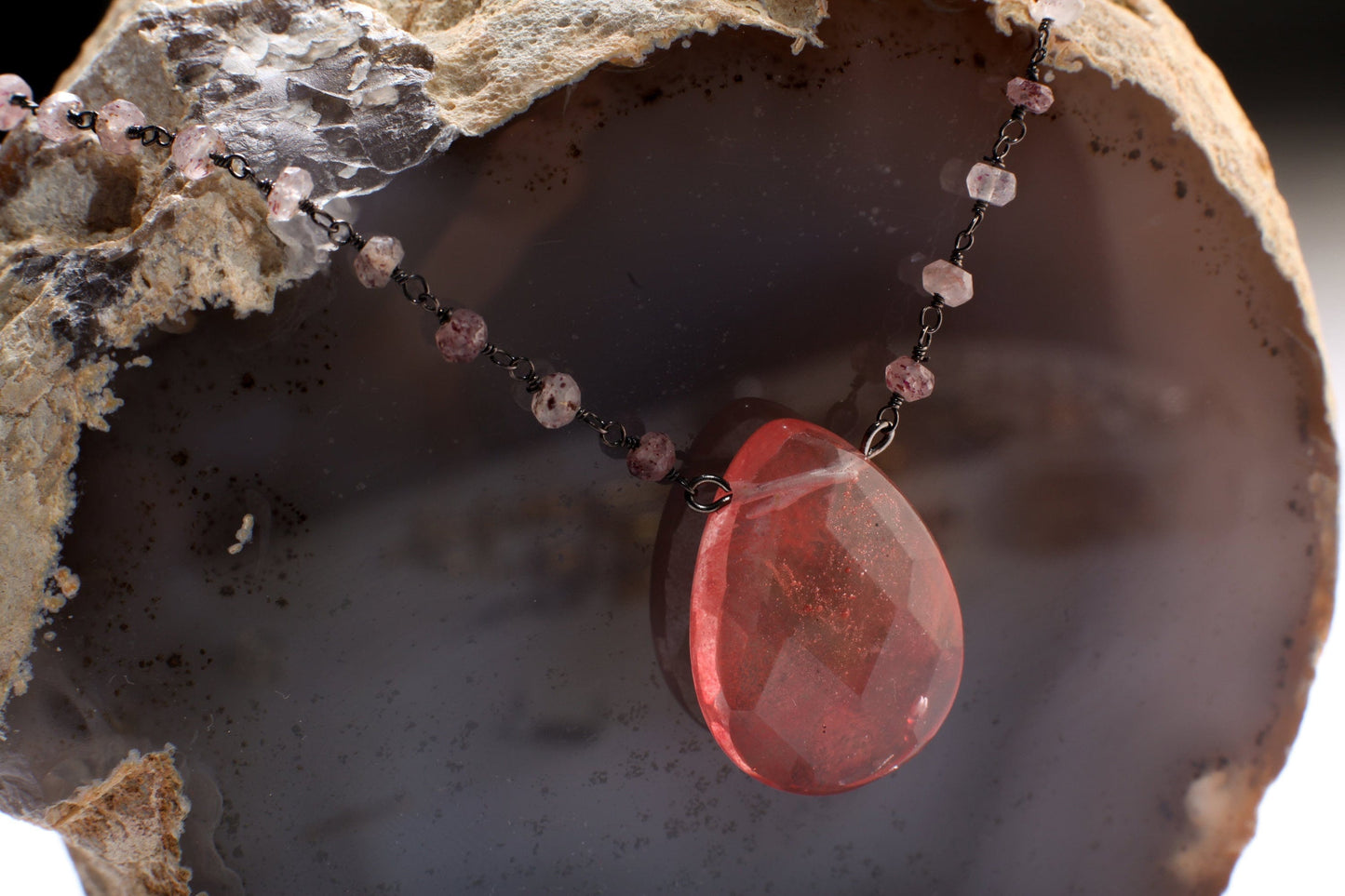 Strawberry Quartz Faceted Pear Drop Pendant in Strawberry Quartz Wire Wrapped Rosary Chain Necklace plus 3" Extension. Gift