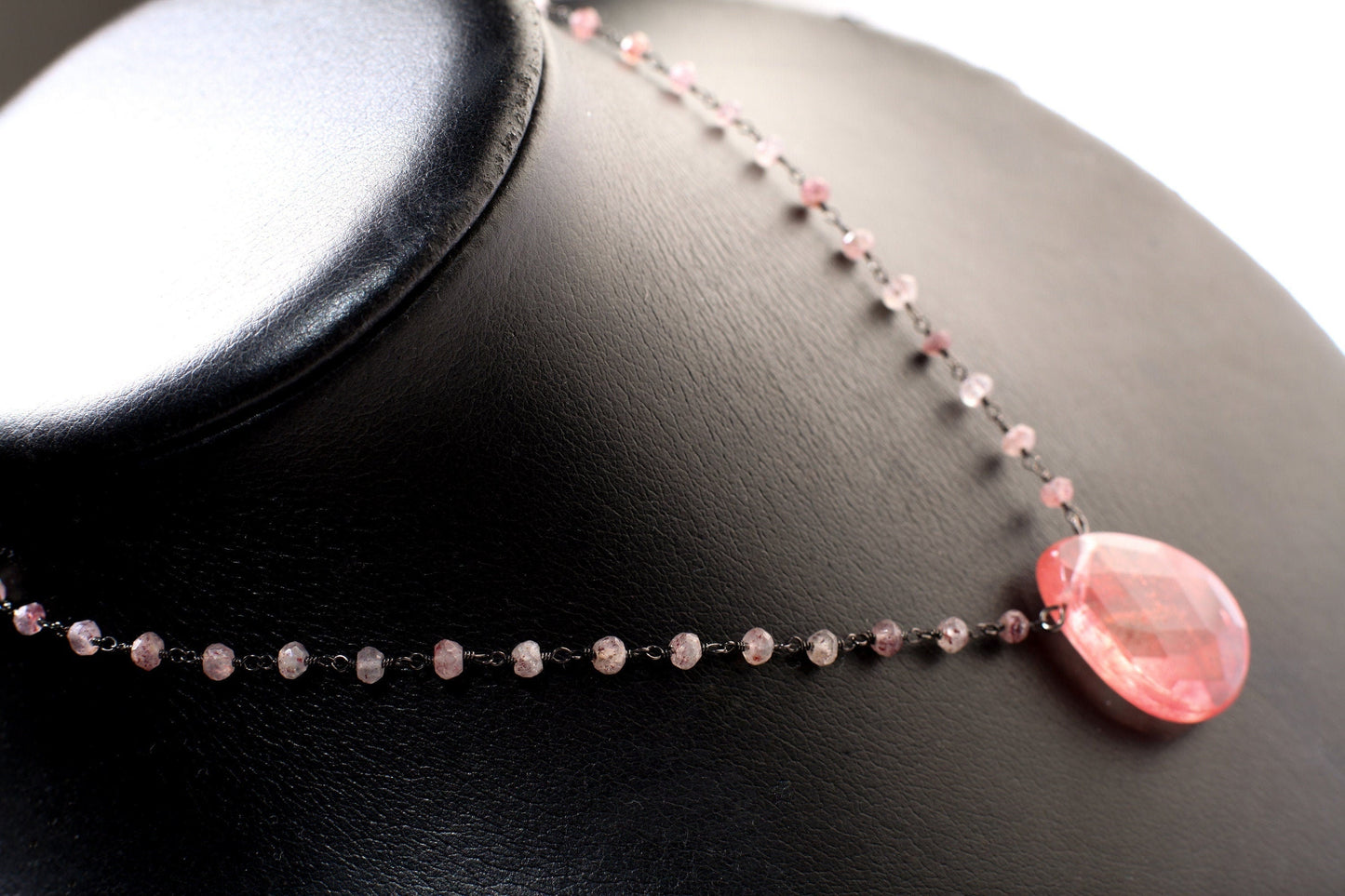 Strawberry Quartz Faceted Pear Drop Pendant in Strawberry Quartz Wire Wrapped Rosary Chain Necklace plus 3" Extension. Gift