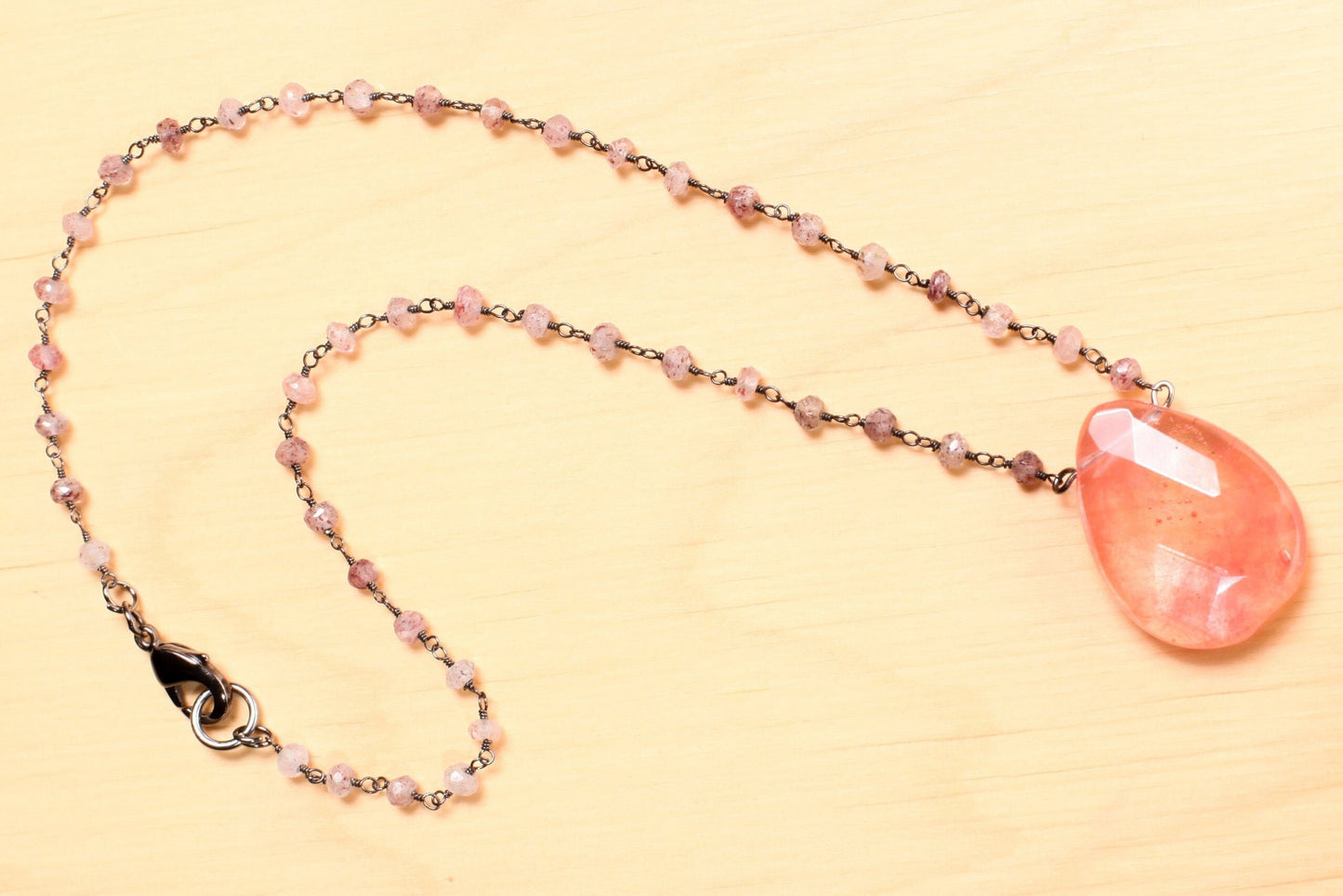 Strawberry Quartz Faceted Pear Drop Pendant in Strawberry Quartz Wire Wrapped Rosary Chain Necklace plus 3" Extension. Gift