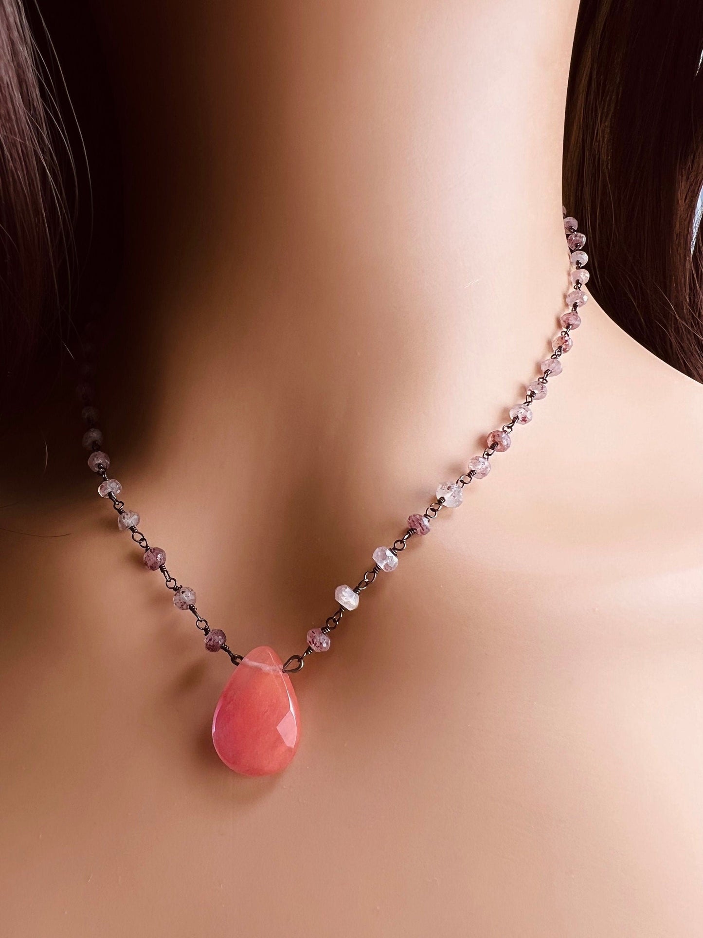 Strawberry Quartz Faceted Pear Drop Pendant in Strawberry Quartz Wire Wrapped Rosary Chain Necklace plus 3" Extension. Gift