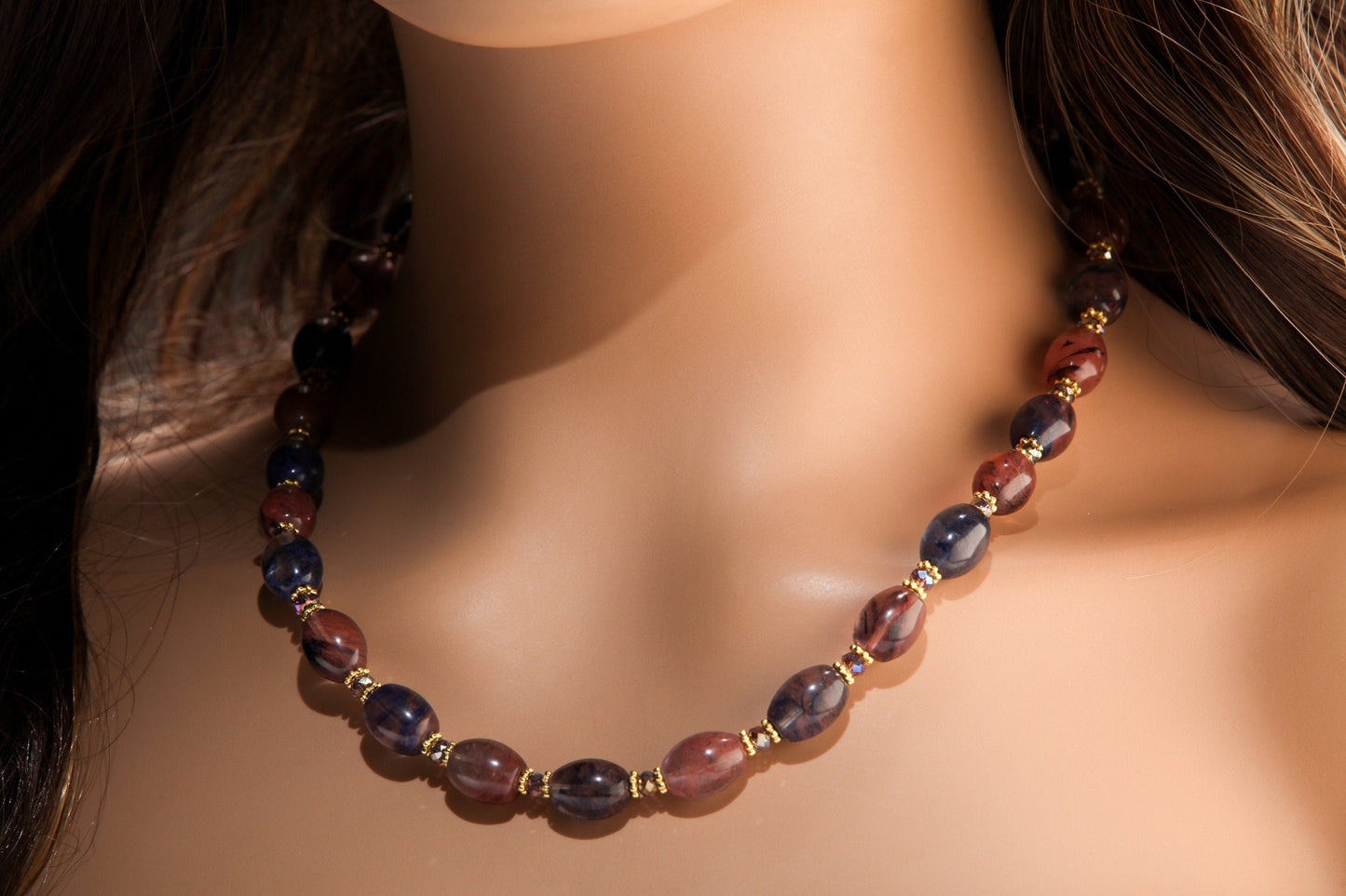 Bi Color Blueberry and Strawberry Quartz Puffed Oval Bali Style Gold Daisy and Crystal Spacers 19" Necklace, 1.5" Extension Chain
