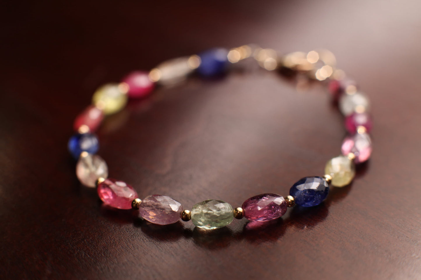 Natural Multi Sapphire 5x7mm Faceted Puffed Oval AAA clear quality Gemstone in 14k Gold Filled spacer and clasp Bracelet. Precious Gift .