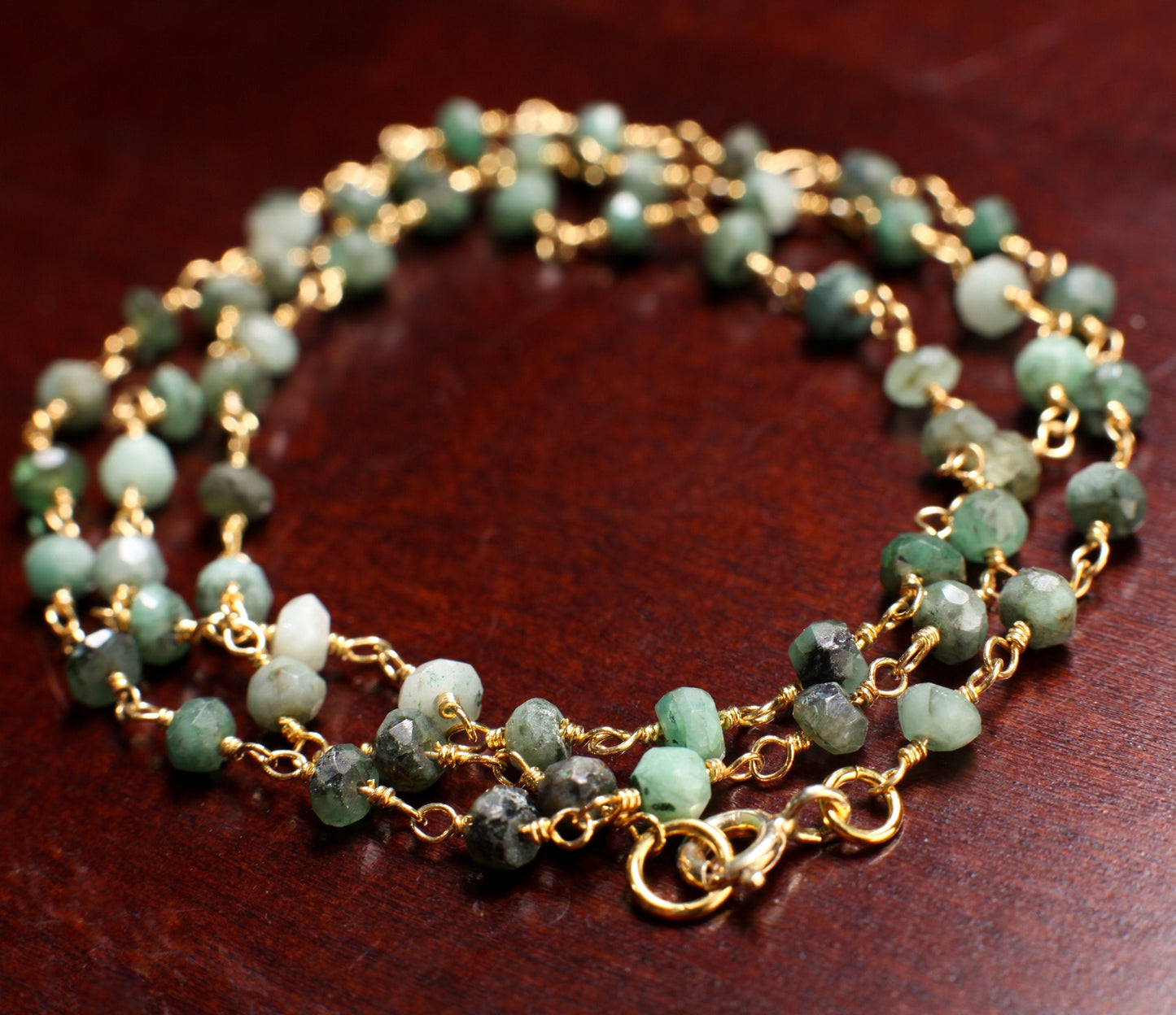 Natural Emerald Green Faceted 4mm Rondelle Wire Wrapped 22K Gold Vermeil over 925 Sterling Silver Handmade Necklace, Holiday Gift, 14"- 30"