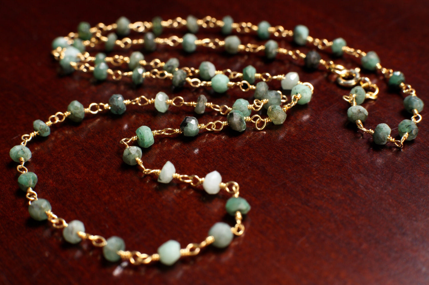 Natural Emerald Green Faceted 4mm Rondelle Wire Wrapped 22K Gold Vermeil over 925 Sterling Silver Handmade Necklace, Holiday Gift, 14"- 30"