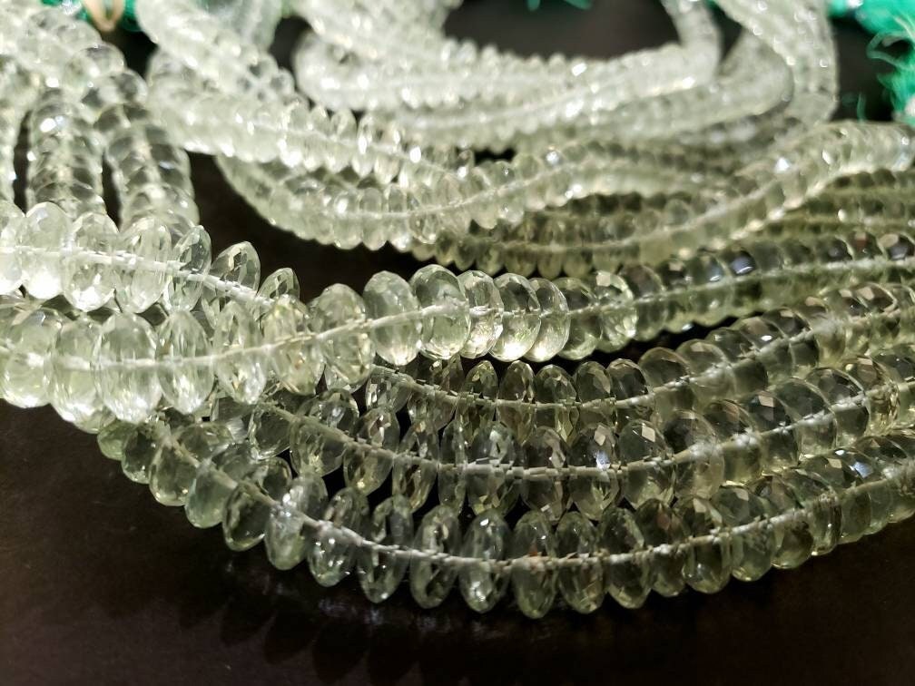 Green Amethyst German Cut Micro Faceted Rondelle, 7mm, 8mm and 10mm Green Prasiolite Jewelry Making Gemstone Saucer Beads 7.5"