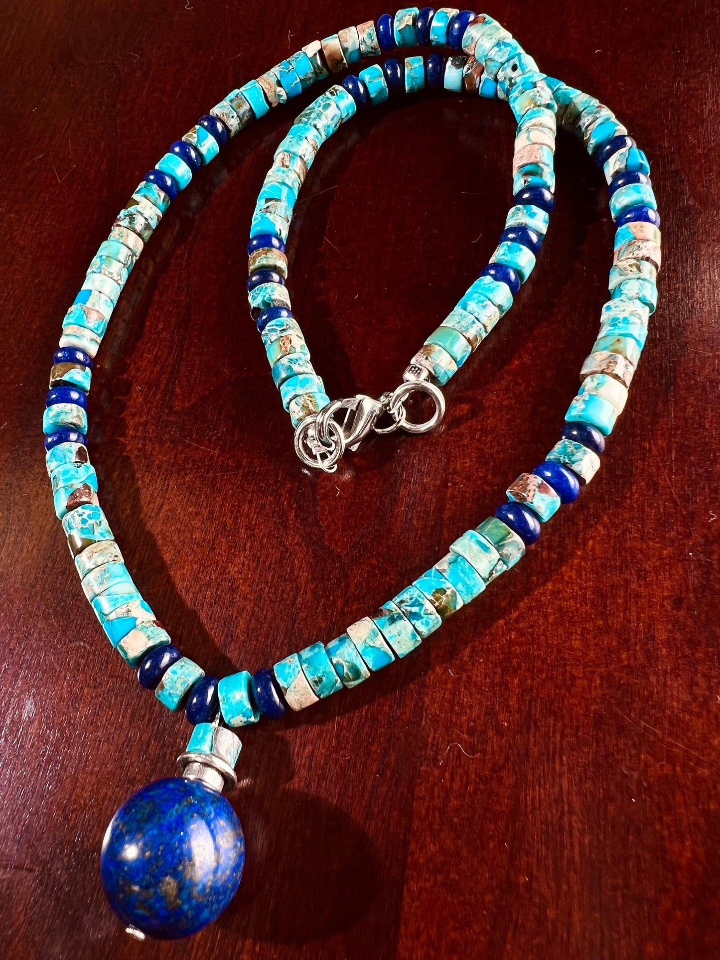Lapis Lazuli and Turquoise Heishe Necklace, Lapis Roundel Spacer, Lapis Round 16mm Ball Centerpiece Pendant , beautiful gift 16"-30"