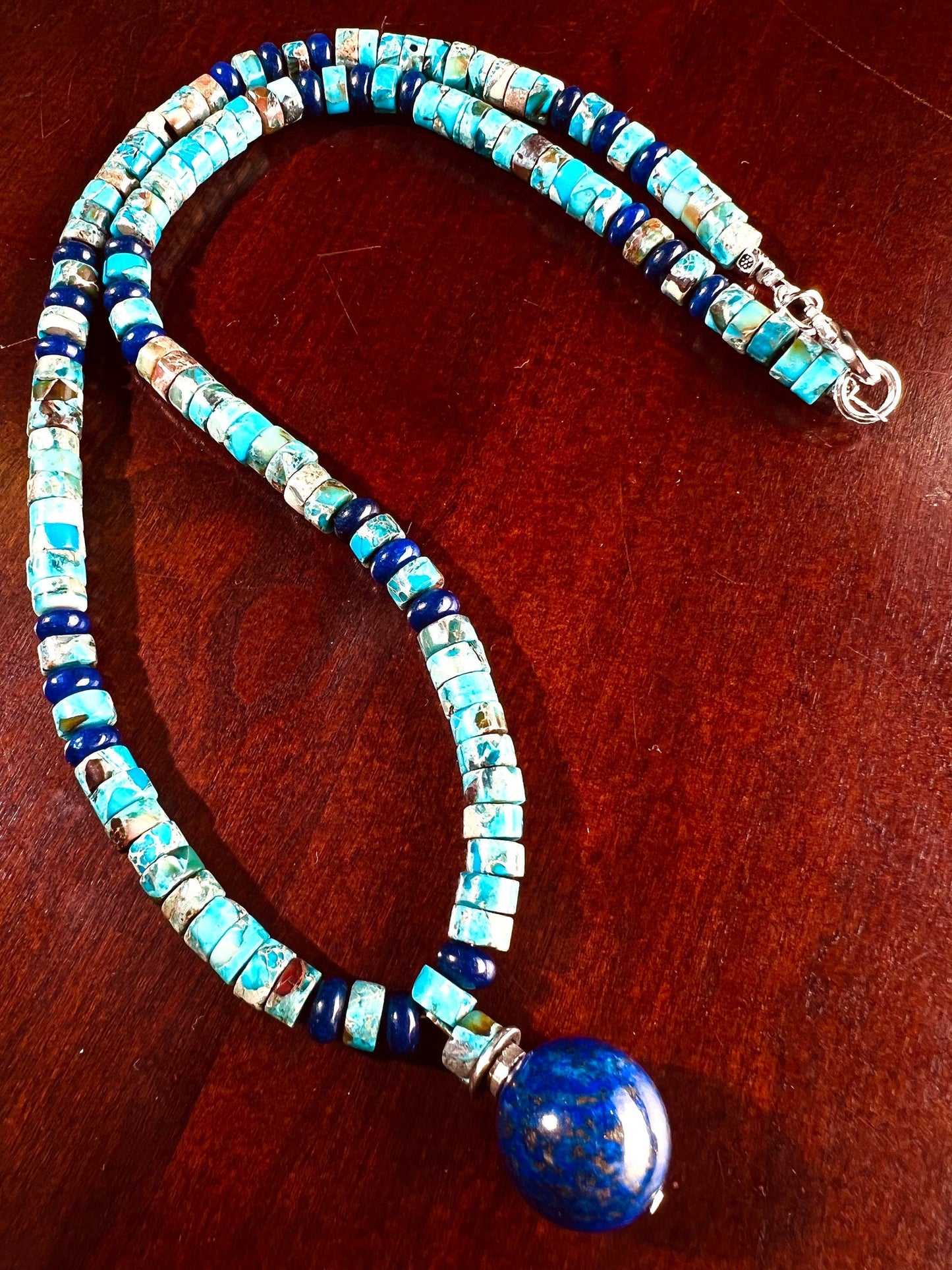 Lapis Lazuli and Turquoise Heishe Necklace, Lapis Roundel Spacer, Lapis Round 16mm Ball Centerpiece Pendant , beautiful gift 16"-30"