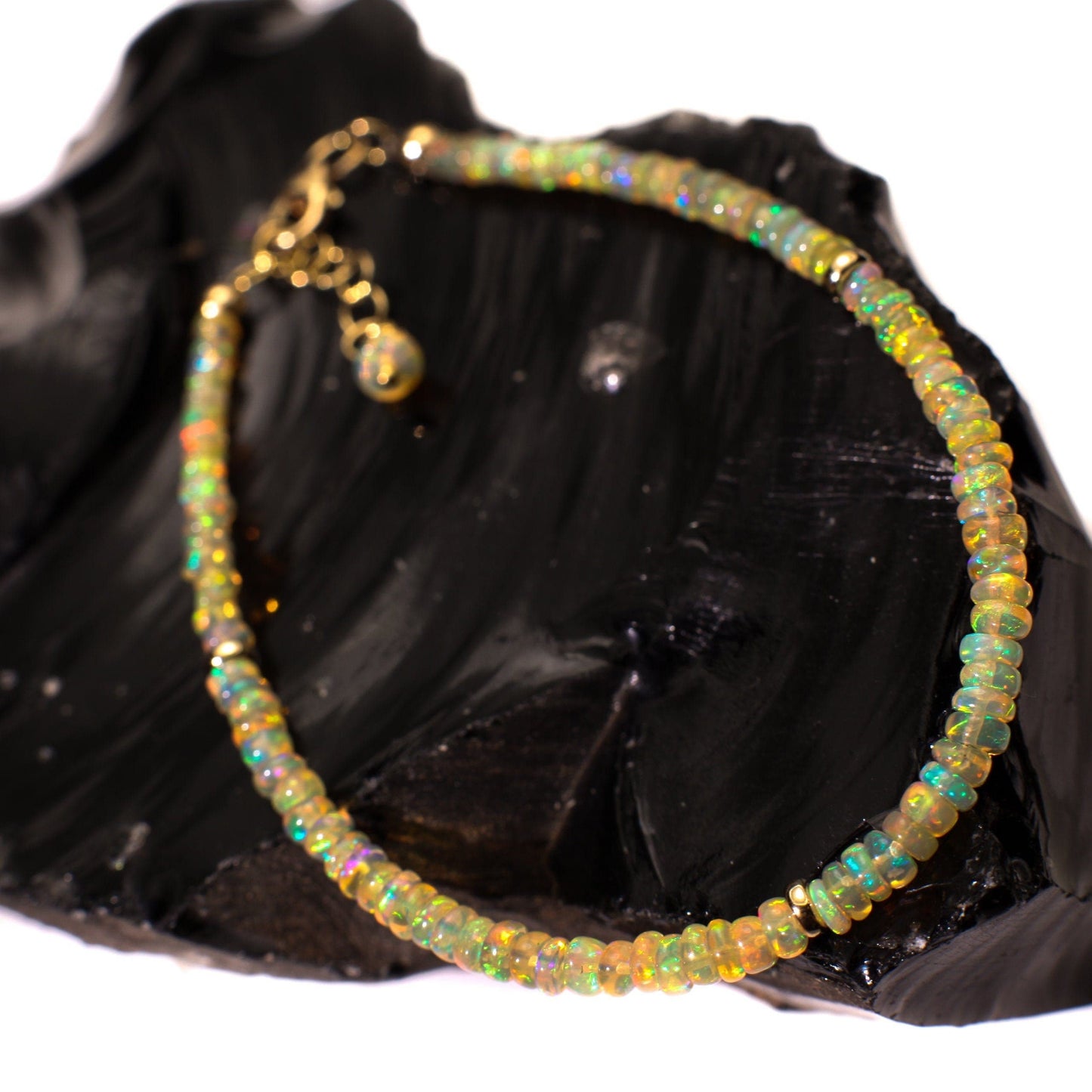 Genuine Ethiopian Fire Opal 3-3.75mm Smooth Graduated Roundel Bracelet, AAA Quality Fiery Opal Bracelet in 14K Gold Filled Chain with 1" Ext