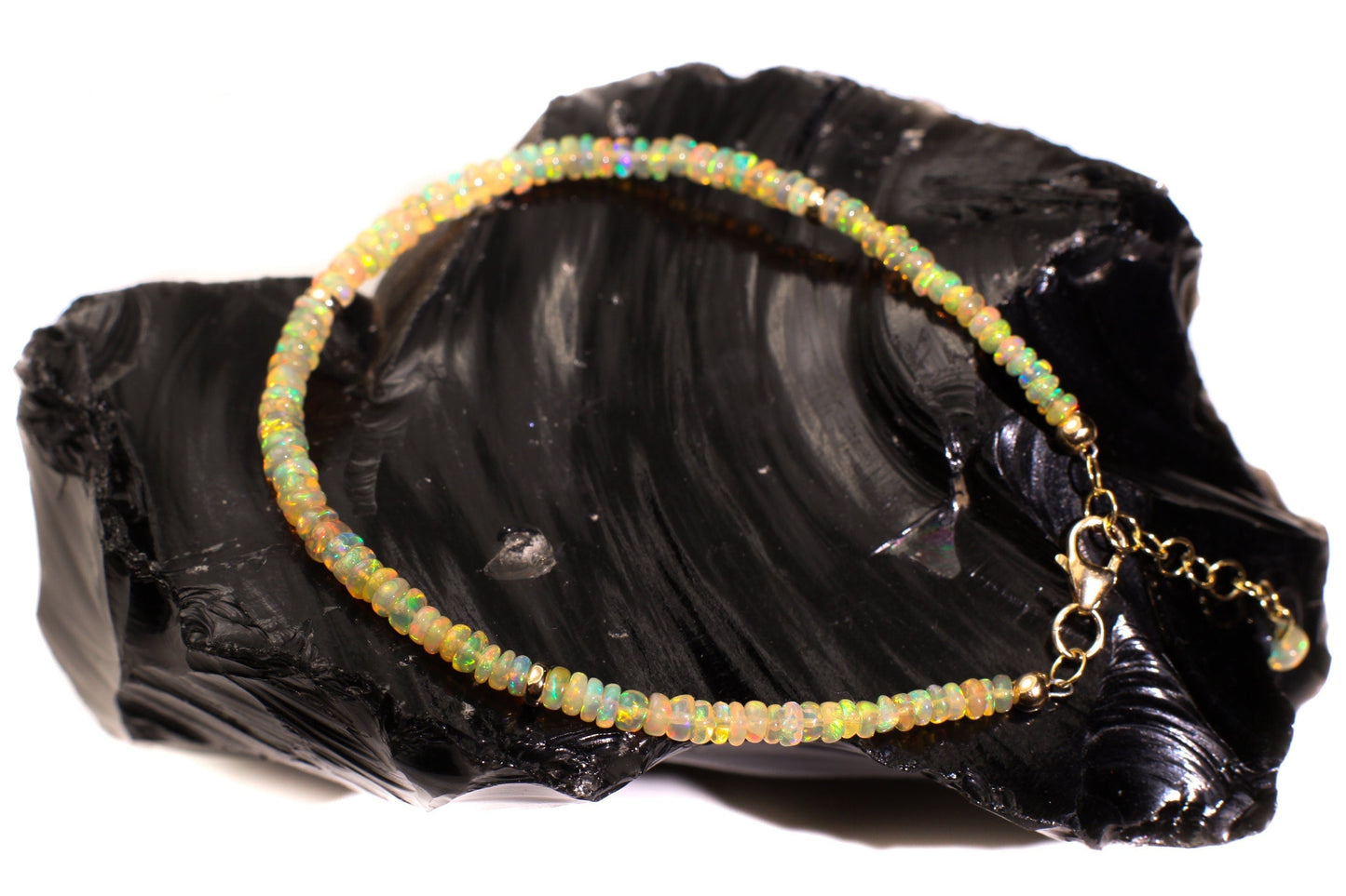 Genuine Ethiopian Fire Opal 3-3.75mm Smooth Graduated Roundel Bracelet, AAA Quality Fiery Opal Bracelet in 14K Gold Filled Chain with 1" Ext
