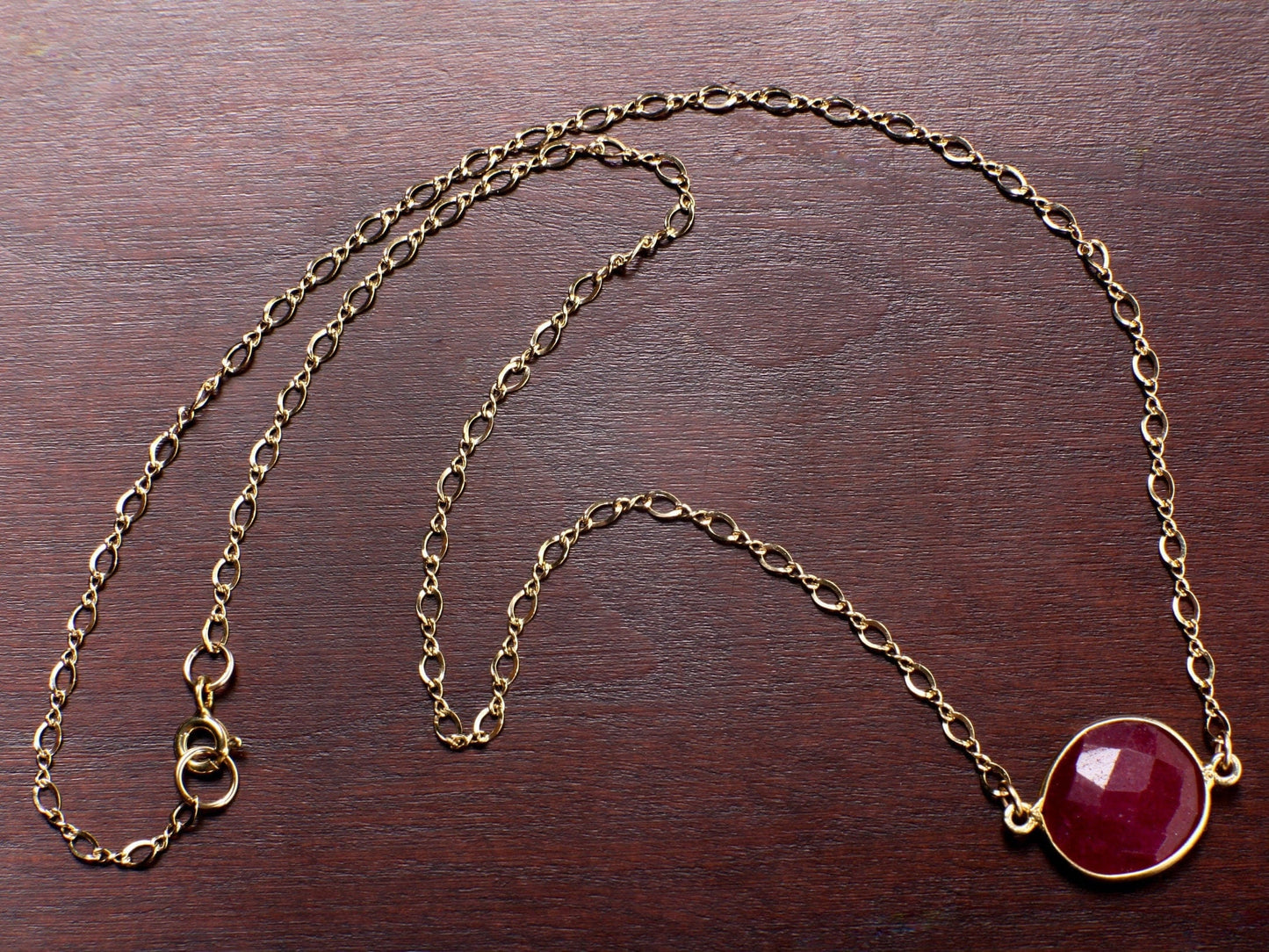 Ruby Gold Bezel Necklace, Natural Faceted Ruby Gold Bezel Charm in 14K Gold Filled Figure 8 Chain, Minimalist, Boho 16" Handmade Necklace