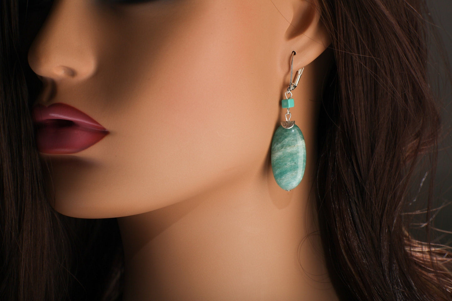 Natural Amazonite Earrings, Long Oval Earrings with Accents Turquoise Cube , silver Leverback