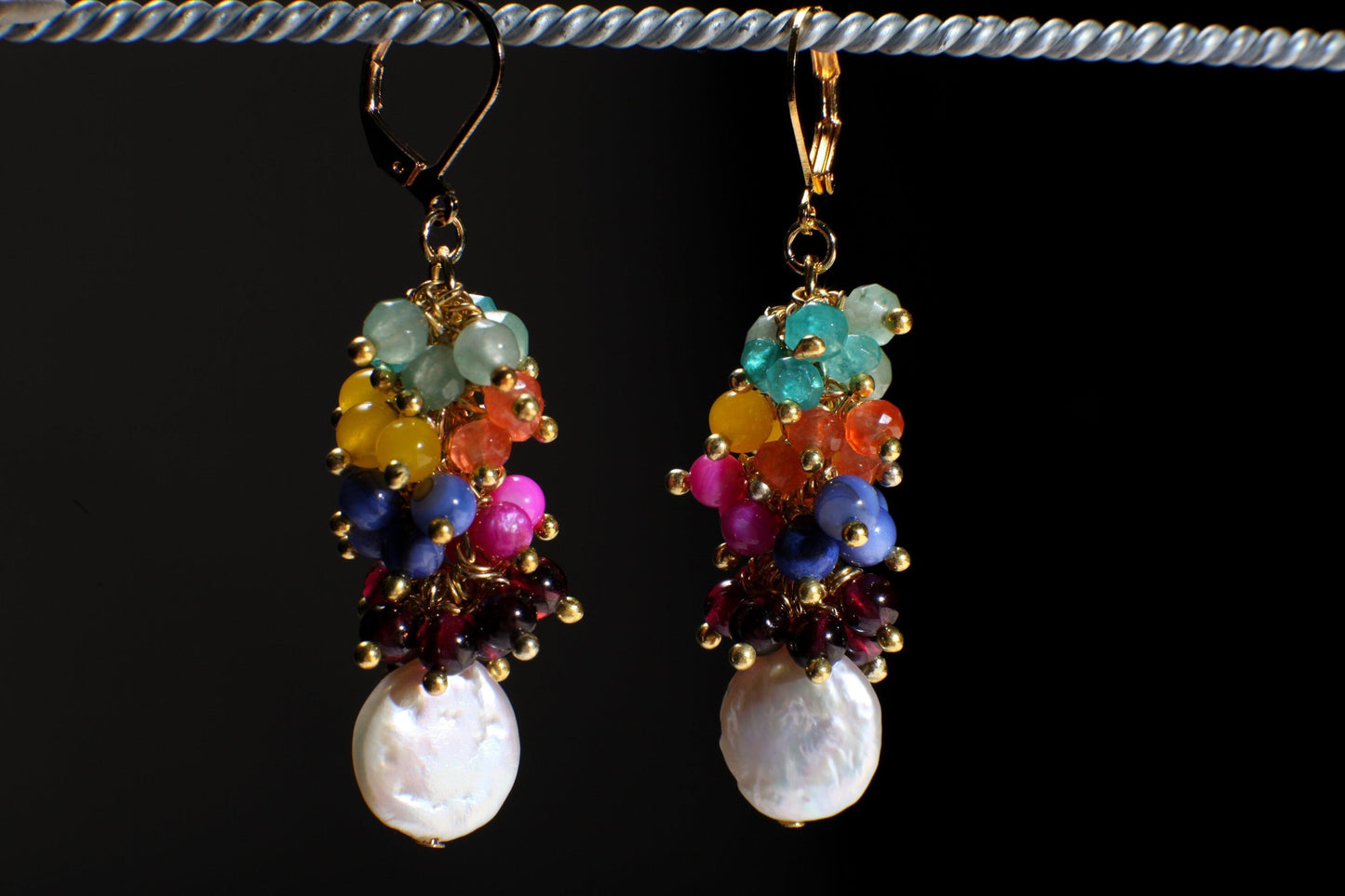 Multi Gemstones Freshwater Coin Pearl Dangle Lucky7 Clusters Apatite,Chalcedony, Aventurine, carnelian,MOP, Garnet rainbow earrings,gift