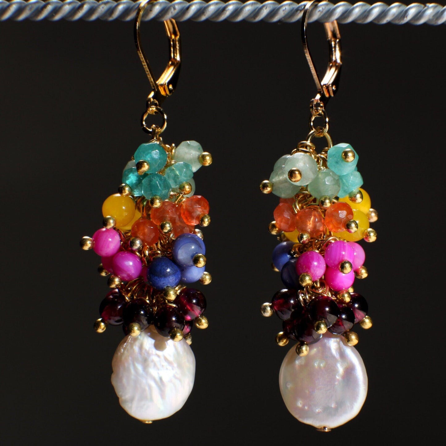 Multi Gemstones Freshwater Coin Pearl Dangle Lucky7 Clusters Apatite,Chalcedony, Aventurine, carnelian,MOP, Garnet rainbow earrings,gift