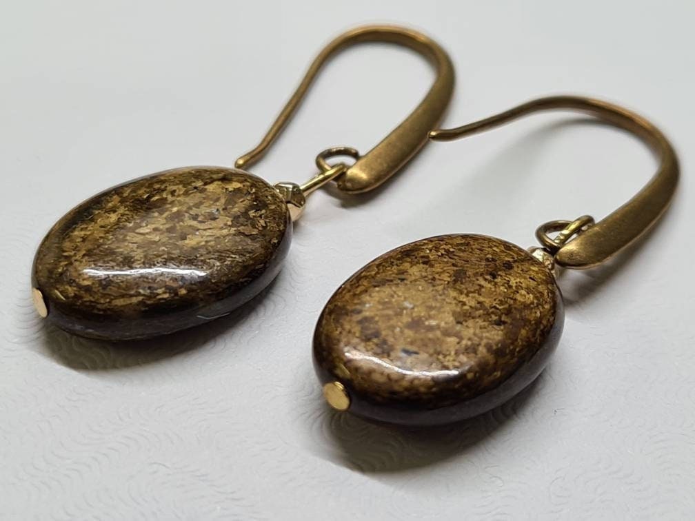 Natural Bronzite Oval 12x16mm Antique Bronze earring. Vintage style gift
