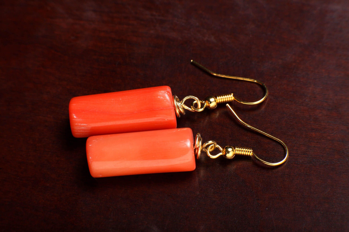 Bamboo Coral Earrings, Natural Free Form Branch Pink Stick 10x22mm Tube Gold Earwire Earrings, Gift for her