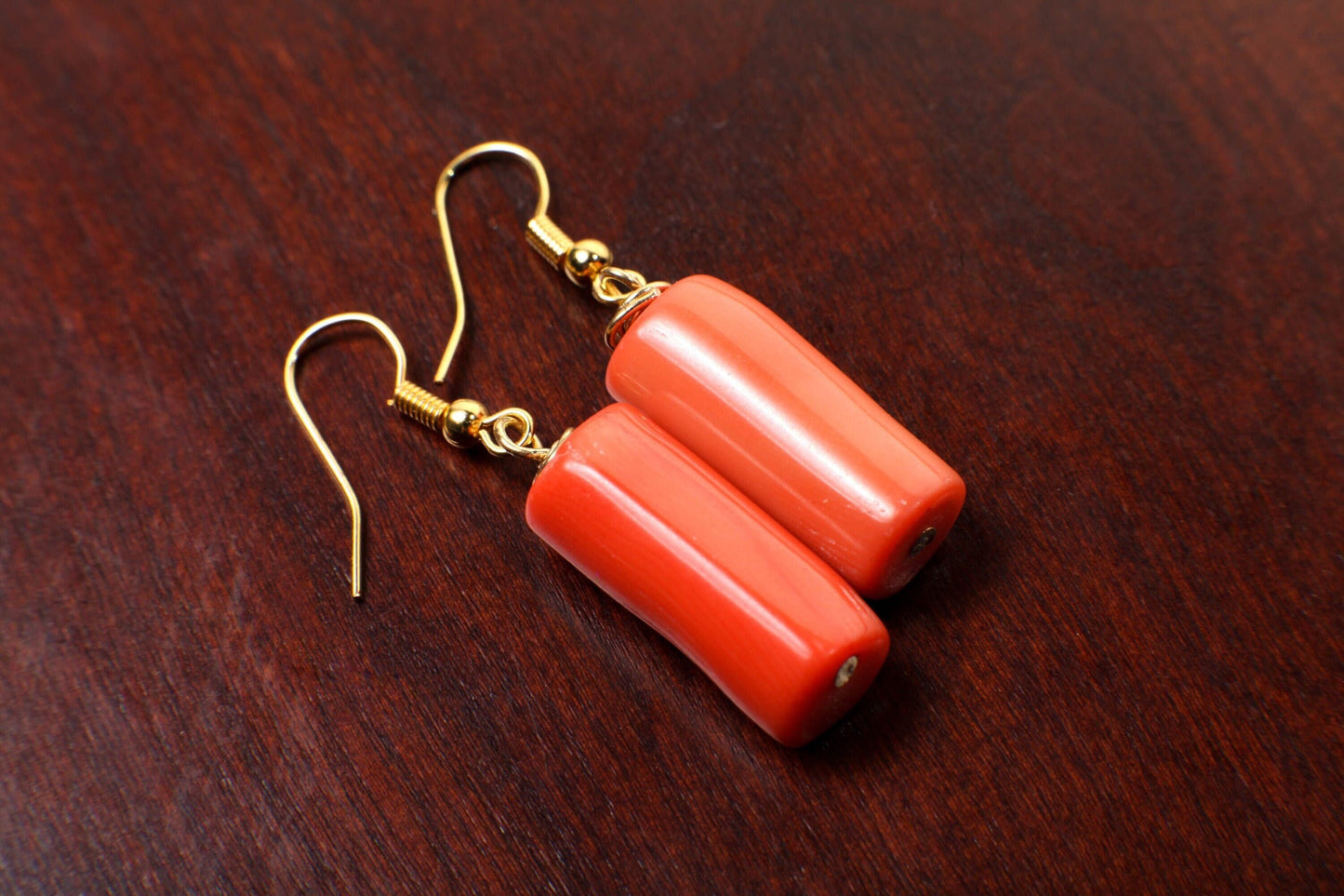 Bamboo Coral Earrings, Natural Free Form Branch Pink Stick 10x22mm Tube Gold Earwire Earrings, Gift for her