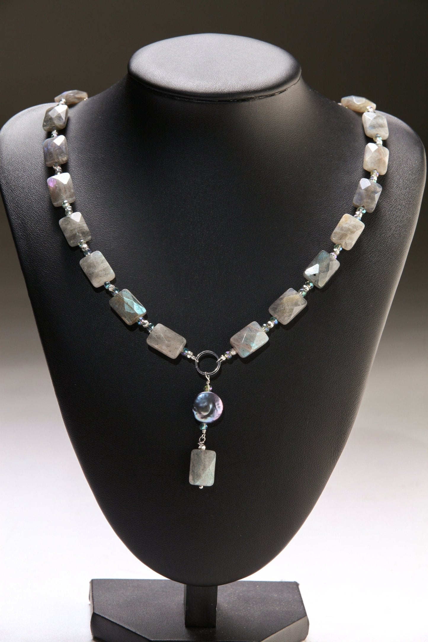 Labradorite blue flash 10x14mm Faceted Pillow Shape with Dangle 12mm Freshwater Coin Pearl Centerpiece Y Necklace 19", elegant gift