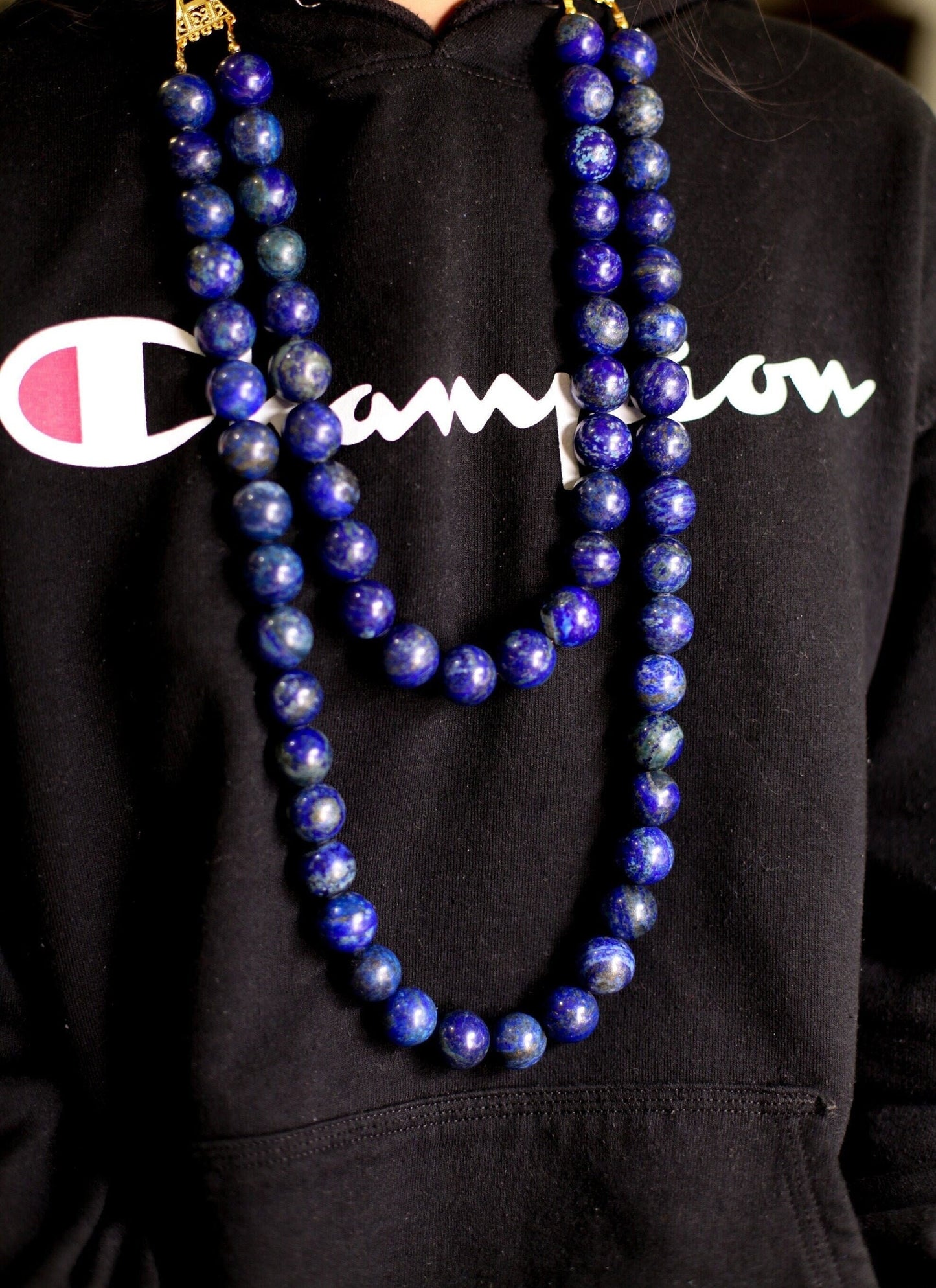 Natural Lapis Lazuli 18mm 2 Layer 18" and 27" Handmade Necklace, 7.5" Bracelet, Matching Earrings Jewelry Set