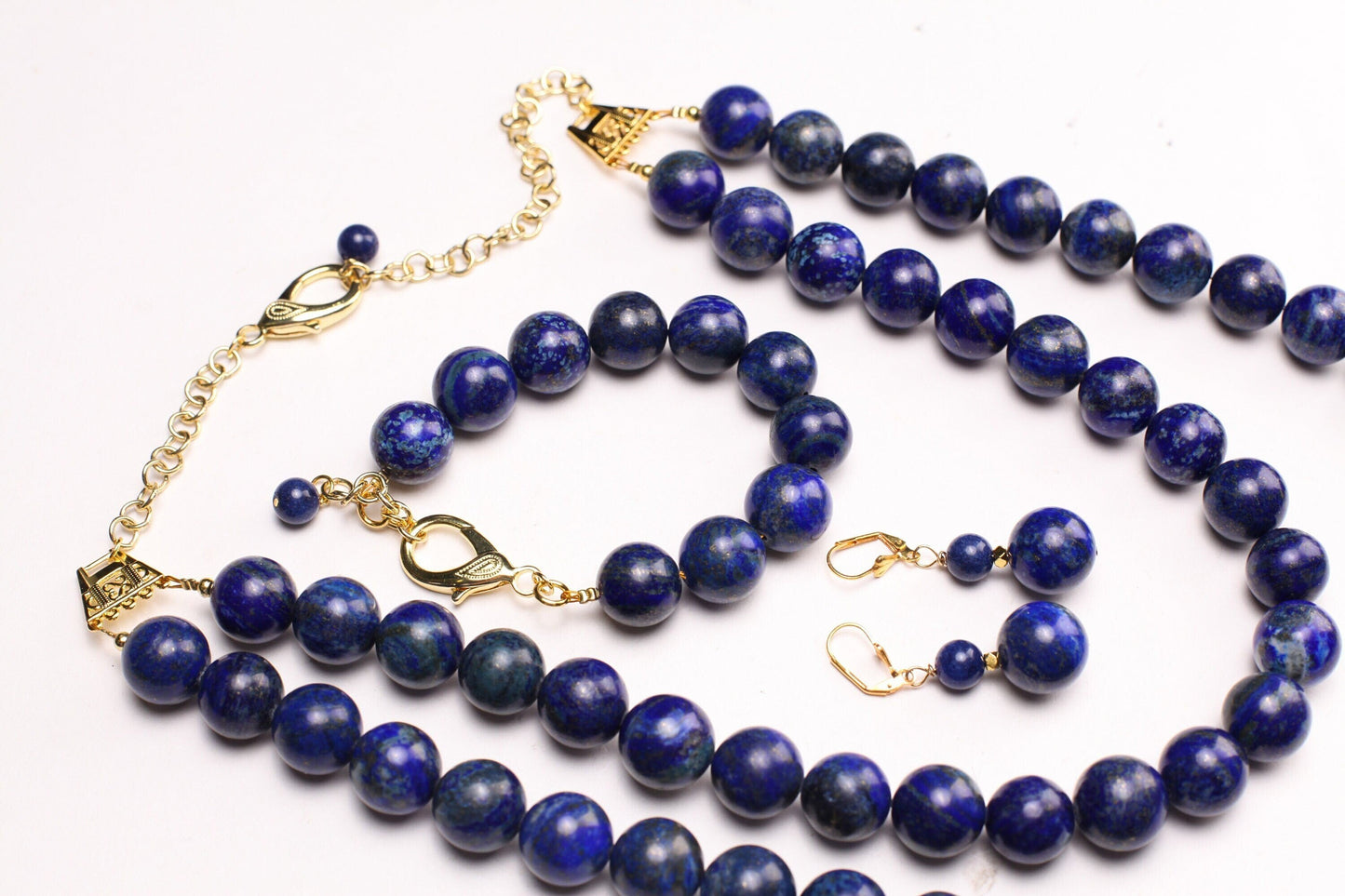 Natural Lapis Lazuli 18mm 2 Layer 18" and 27" Handmade Necklace, 7.5" Bracelet, Matching Earrings Jewelry Set