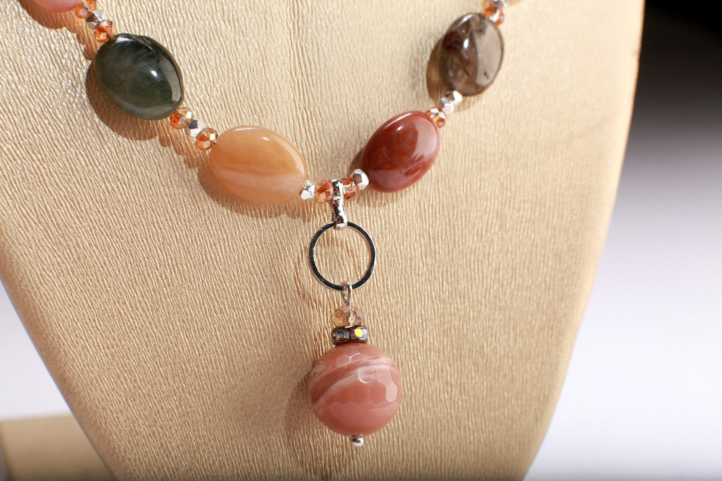 Natural Multi Rutilated Quartz Smooth AAA Oval, accent Peach Moonstone Pendant with Rhodium Clasp 18" Necklace with 2" Extension Chain