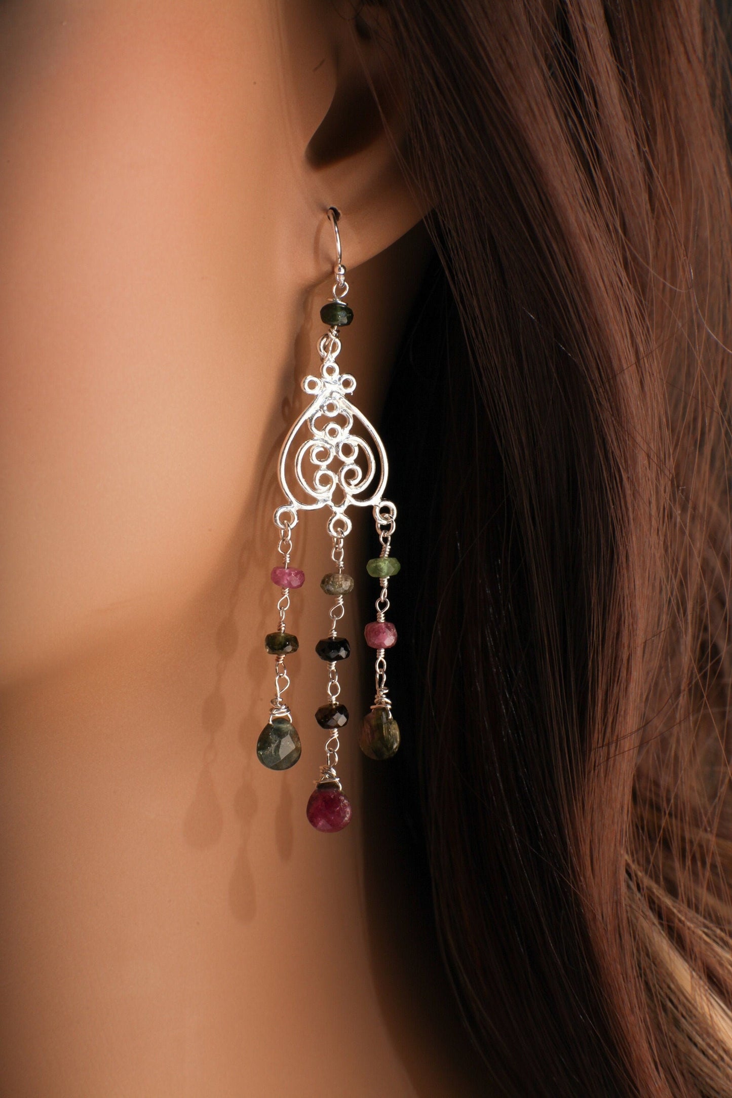 Watermelon Tourmaline Earrings, Wire Wrapped Dangling Briolette in 925 Sterling Silver Chandelier and Earwire, Bridal, Boho, Handmade Gift