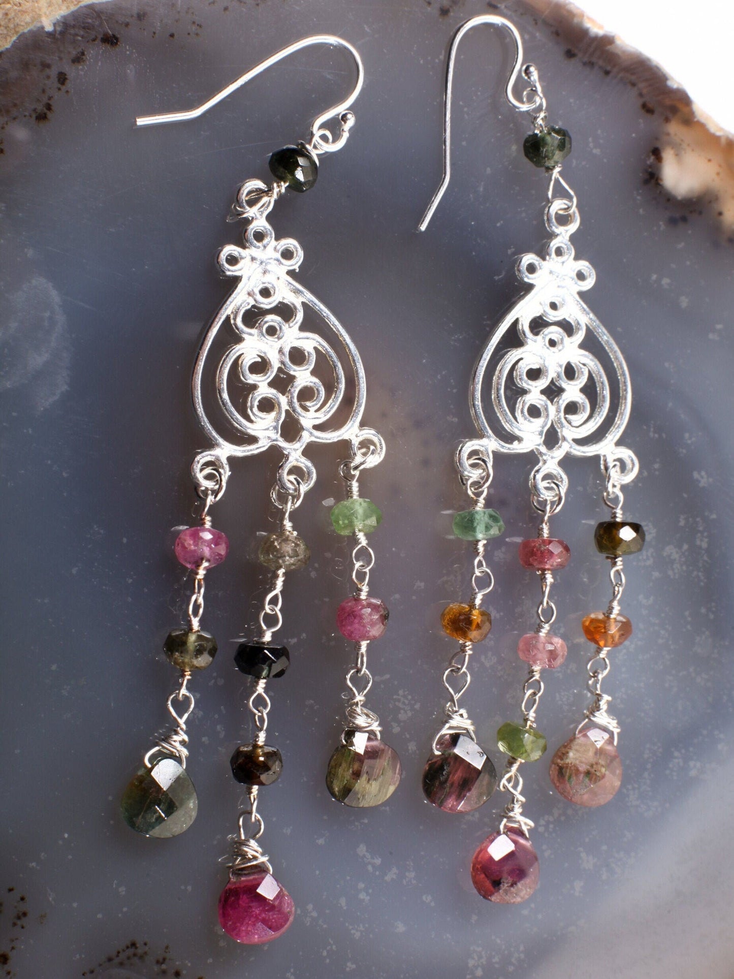 Watermelon Tourmaline Earrings, Wire Wrapped Dangling Briolette in 925 Sterling Silver Chandelier and Earwire, Bridal, Boho, Handmade Gift