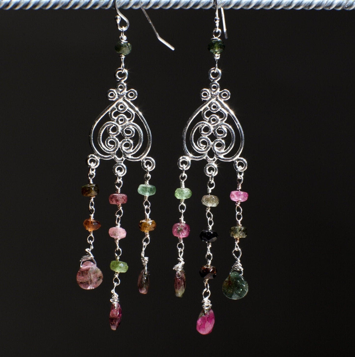 Watermelon Tourmaline Earrings, Wire Wrapped Dangling Briolette in 925 Sterling Silver Chandelier and Earwire, Bridal, Boho, Handmade Gift