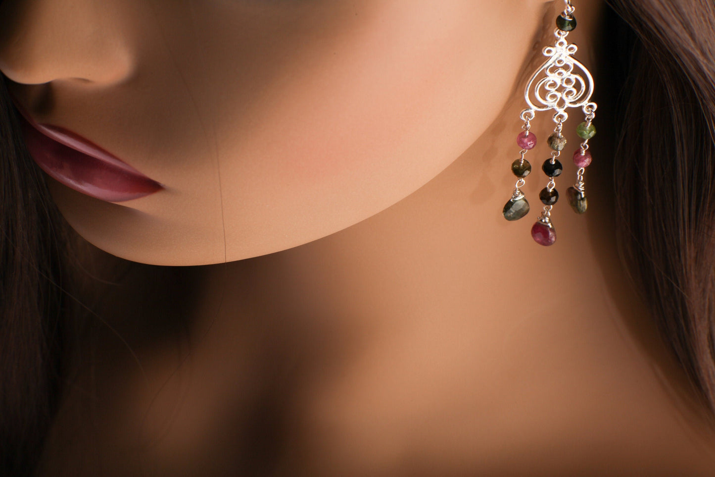 Watermelon Tourmaline Earrings, Wire Wrapped Dangling Briolette in 925 Sterling Silver Chandelier and Earwire, Bridal, Boho, Handmade Gift
