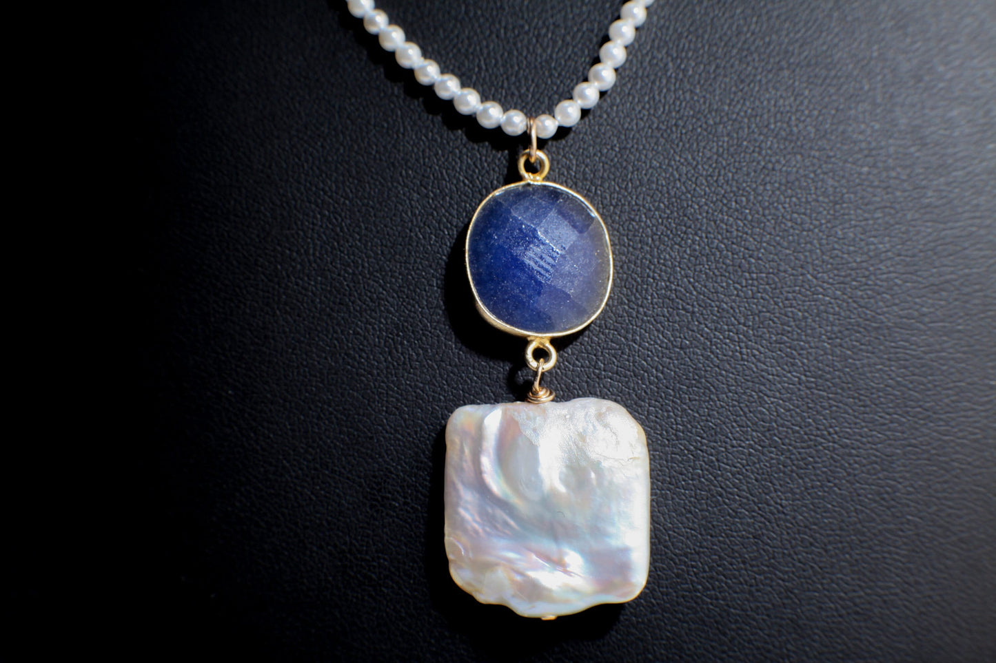 Baroque Pearl Necklace, Freshwater Square Baroque Pearl, Blue Sapphire Gold Bezel Pendant Pearl Gemstone Bridal, Bridesmaid 18" Necklace