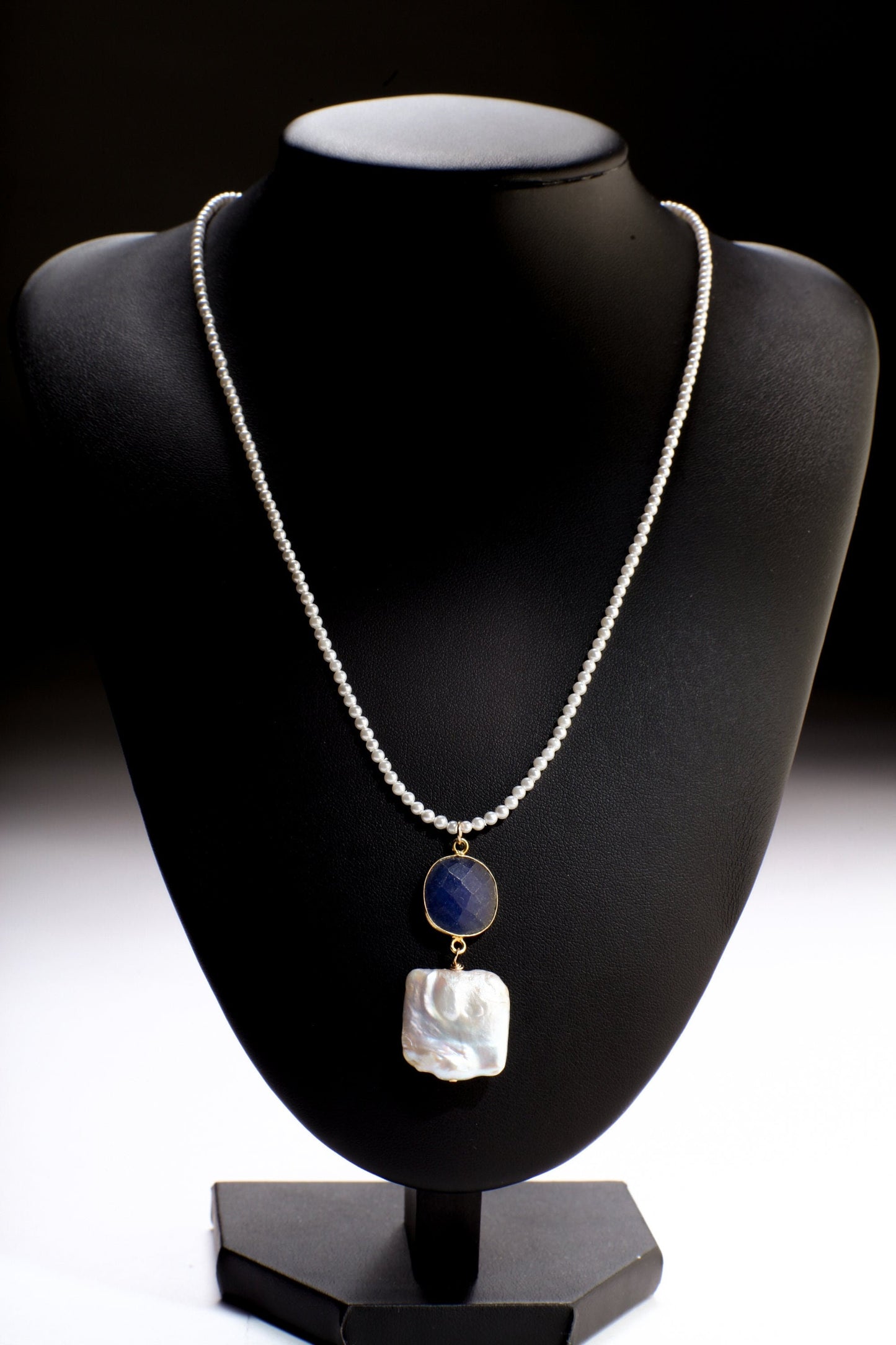 Baroque Pearl Necklace, Freshwater Square Baroque Pearl, Blue Sapphire Gold Bezel Pendant Pearl Gemstone Bridal, Bridesmaid 18" Necklace