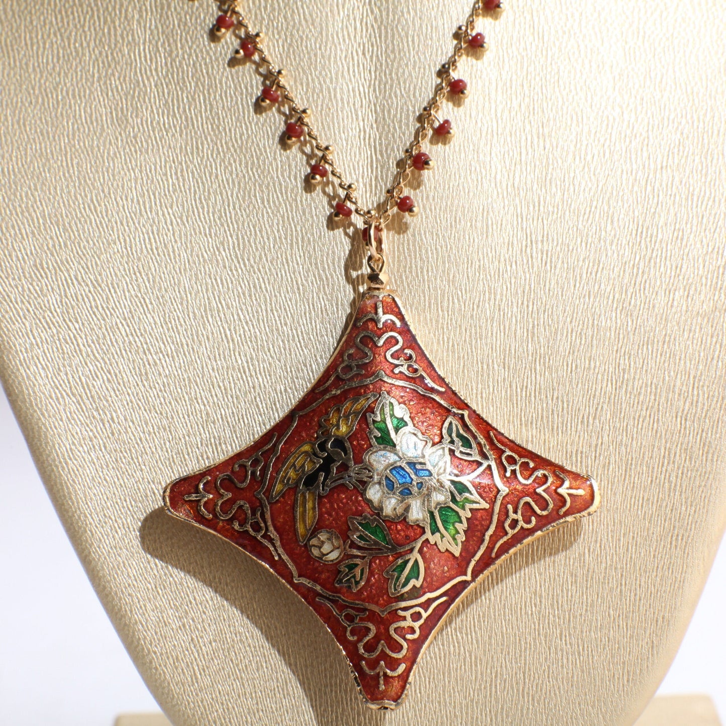 Traditional Cloisonné Pendant Vintage Floral Flowers Focal with Gold Plated Beaded Chain Necklace 20" and matching Leverback Earrings set