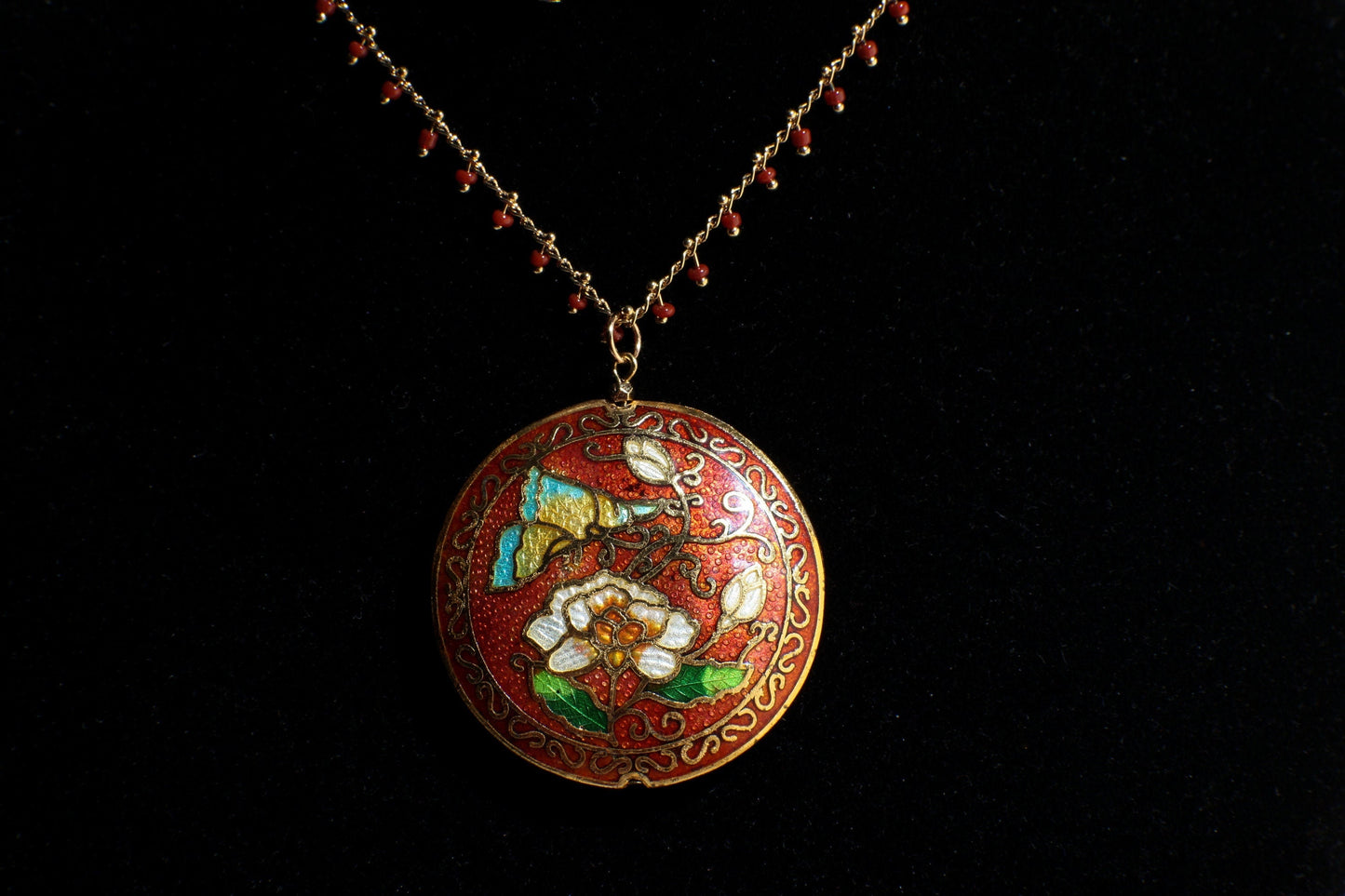 Traditional Cloisonné Pendant Vintage Floral Flowers Pink Revisable Focal with Beaded Chain Necklace 20" and matching Earrings set