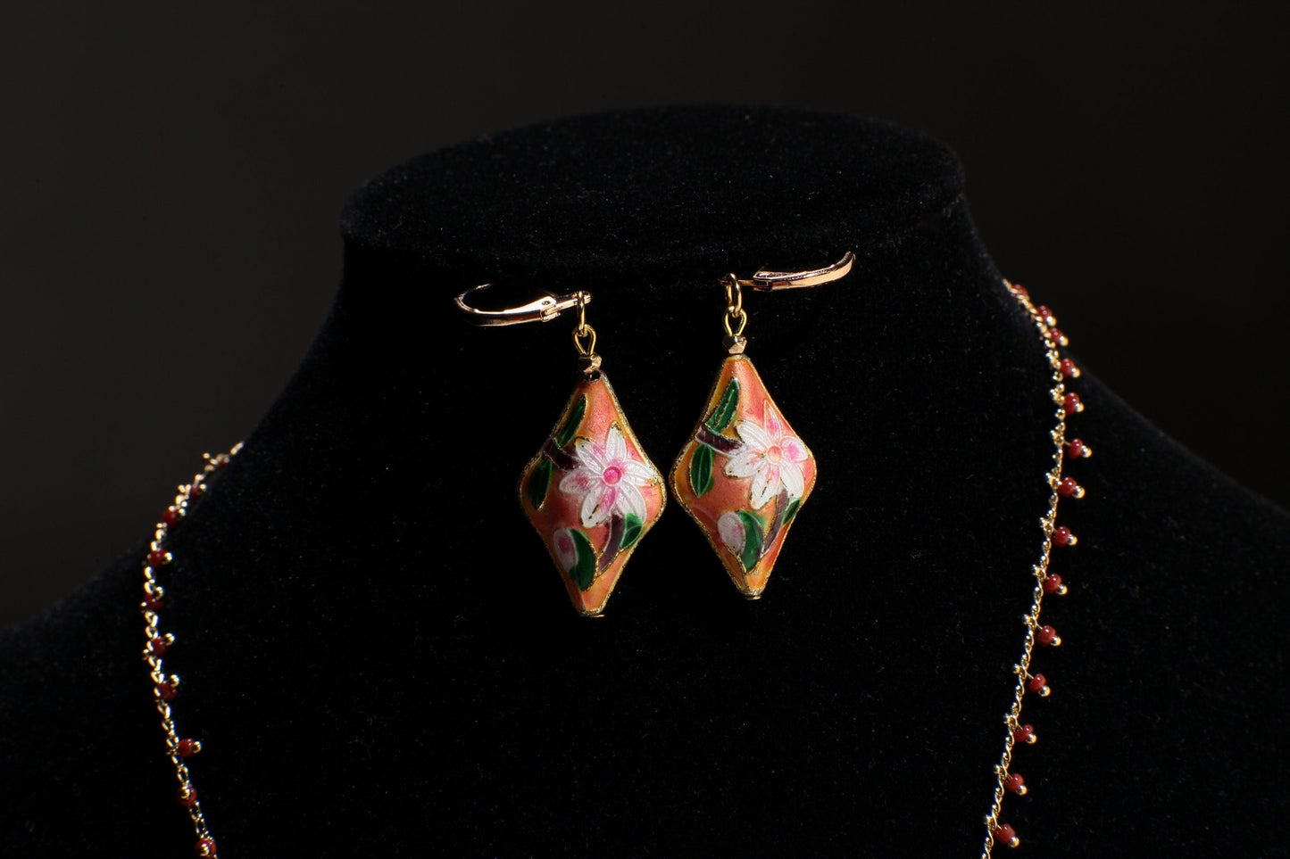 Traditional Cloisonné Pendant Vintage Floral Flowers Pink Revisable Focal with Beaded Chain Necklace 20" and matching Earrings set
