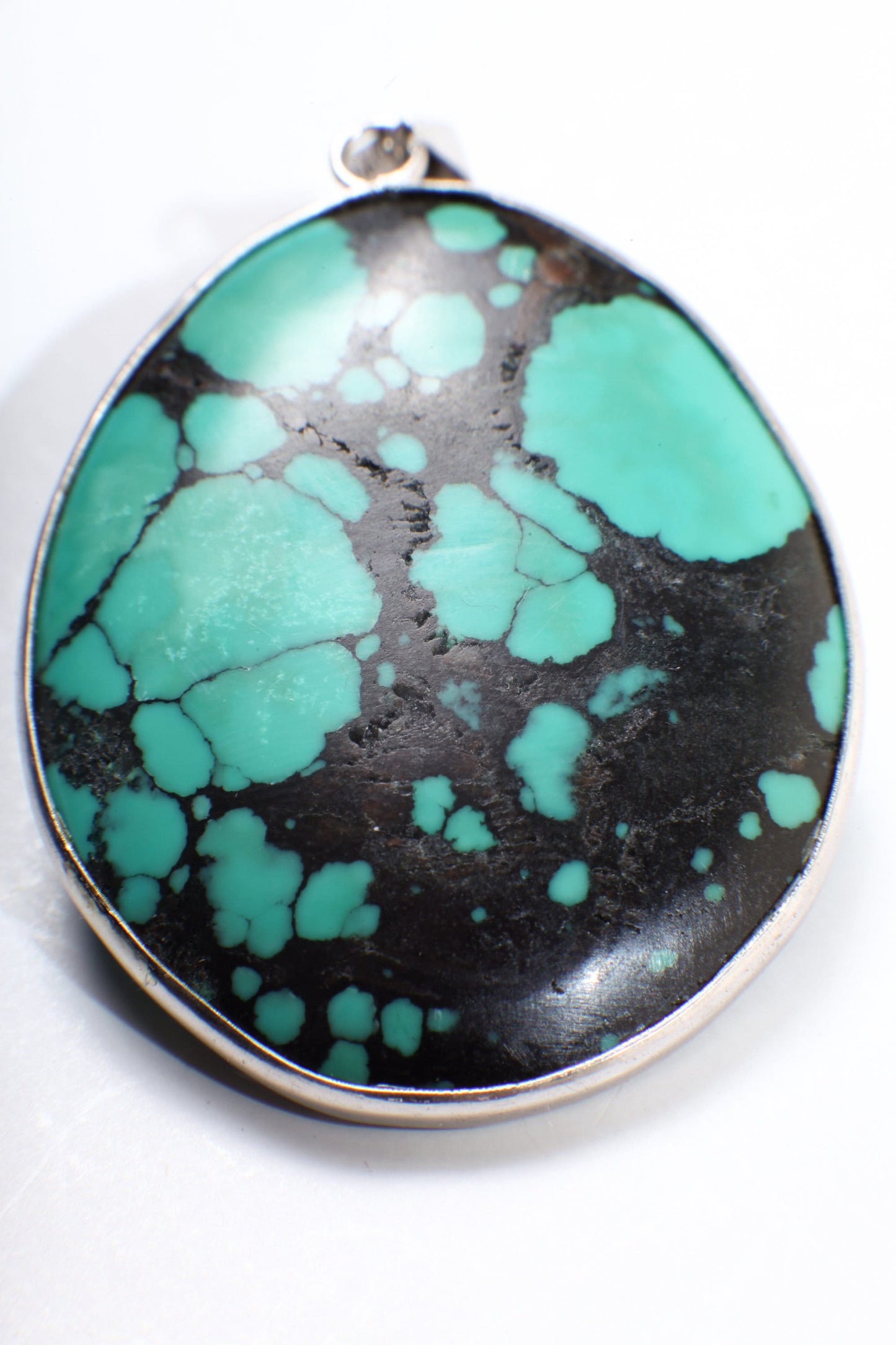 Turquoise Pendant, Genuine AAA Tibetan Spiderweb Turquoise Cab Gemstone 925 Sterling Silver Bezel Pendant, Option: Silver Chain,37x46mm 15g