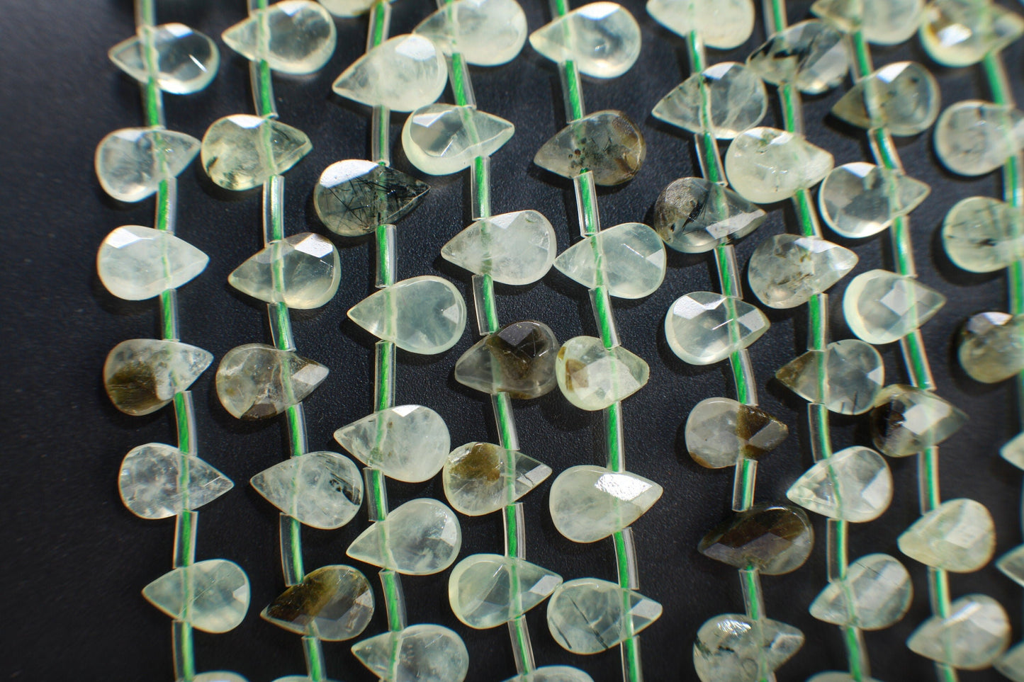 Natural Prehnite, Green Tourmalinated Quartz, Faceted Teardrops Shape 6x9mm Gemstones Side Drilled Beads 16" Strands 43Pcs, Single/Bulk