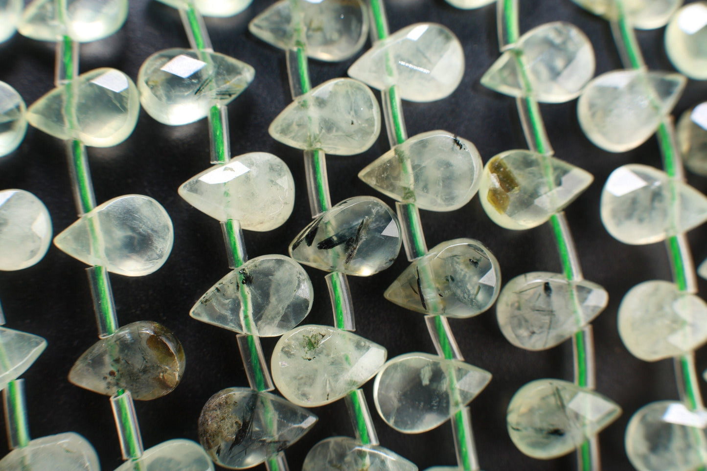 Natural Prehnite, Green Tourmalinated Quartz, Faceted Teardrops Shape 6x9mm Gemstones Side Drilled Beads 16" Strands 43Pcs, Single/Bulk