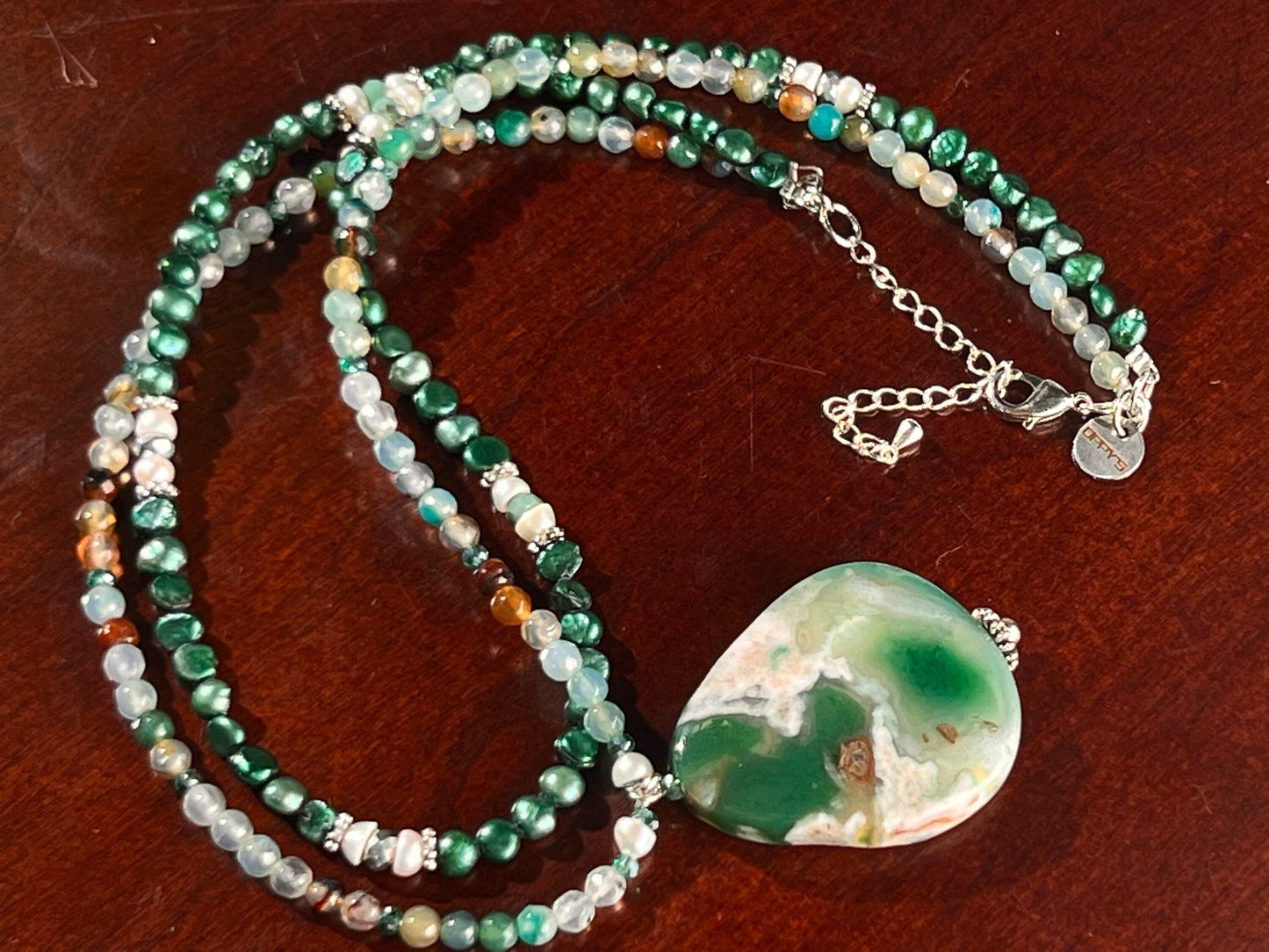 Japanese Blossom Flower Agate Pendant, Matching Freshwater Pearl and Fire Agate 18" plus 3” Extension Statement Necklace, Beautiful Gift