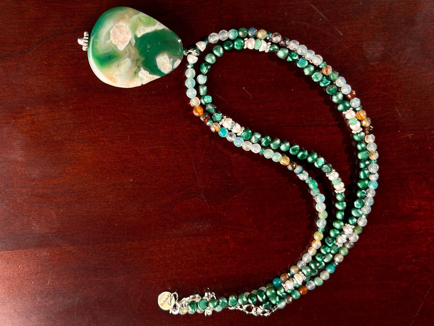 Japanese Blossom Flower Agate Pendant, Matching Freshwater Pearl and Fire Agate 18" plus 3” Extension Statement Necklace, Beautiful Gift